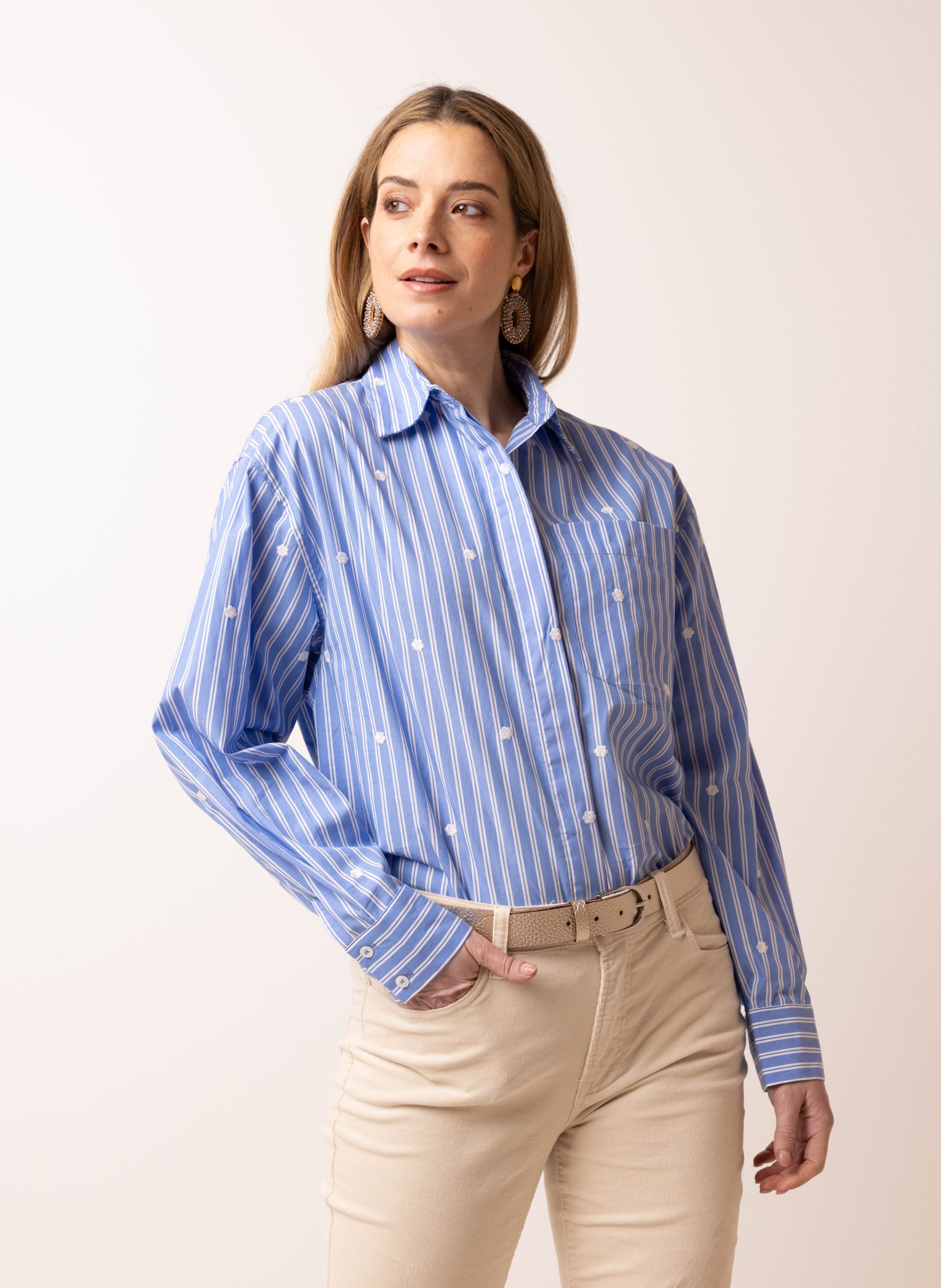 Norah Blauw/wit gestreepte blouse met borduursels blue/white 218047-431-34