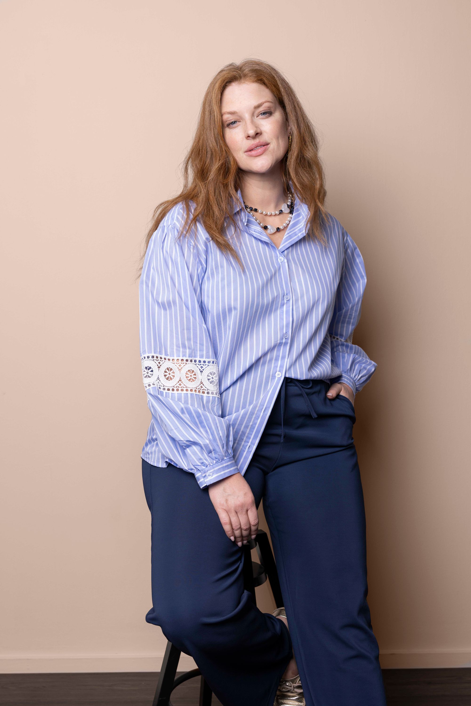 Norah Blauw/wit gestreepte blouse met kanten details blue/white 218087-431-34