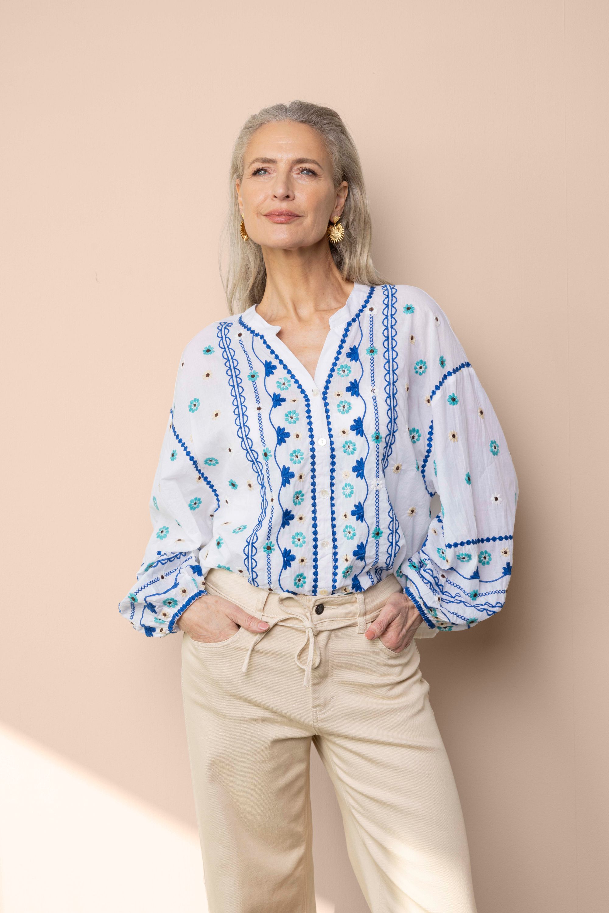 Norah Witte boho blouse white/blue 218095-135-48
