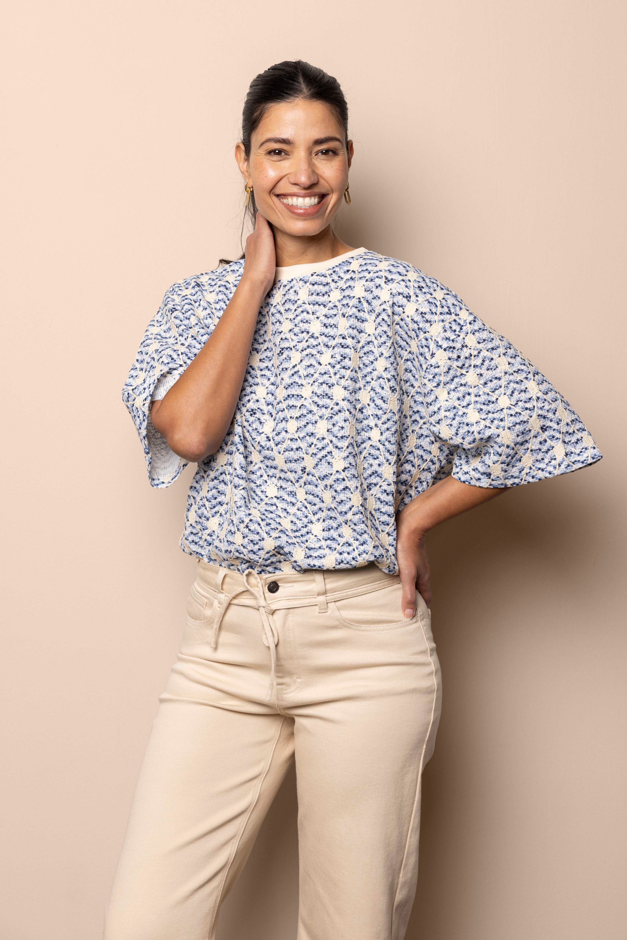 Norah  Blauw/ecru trui met geborduurde print blue multicolor 218107-420-34