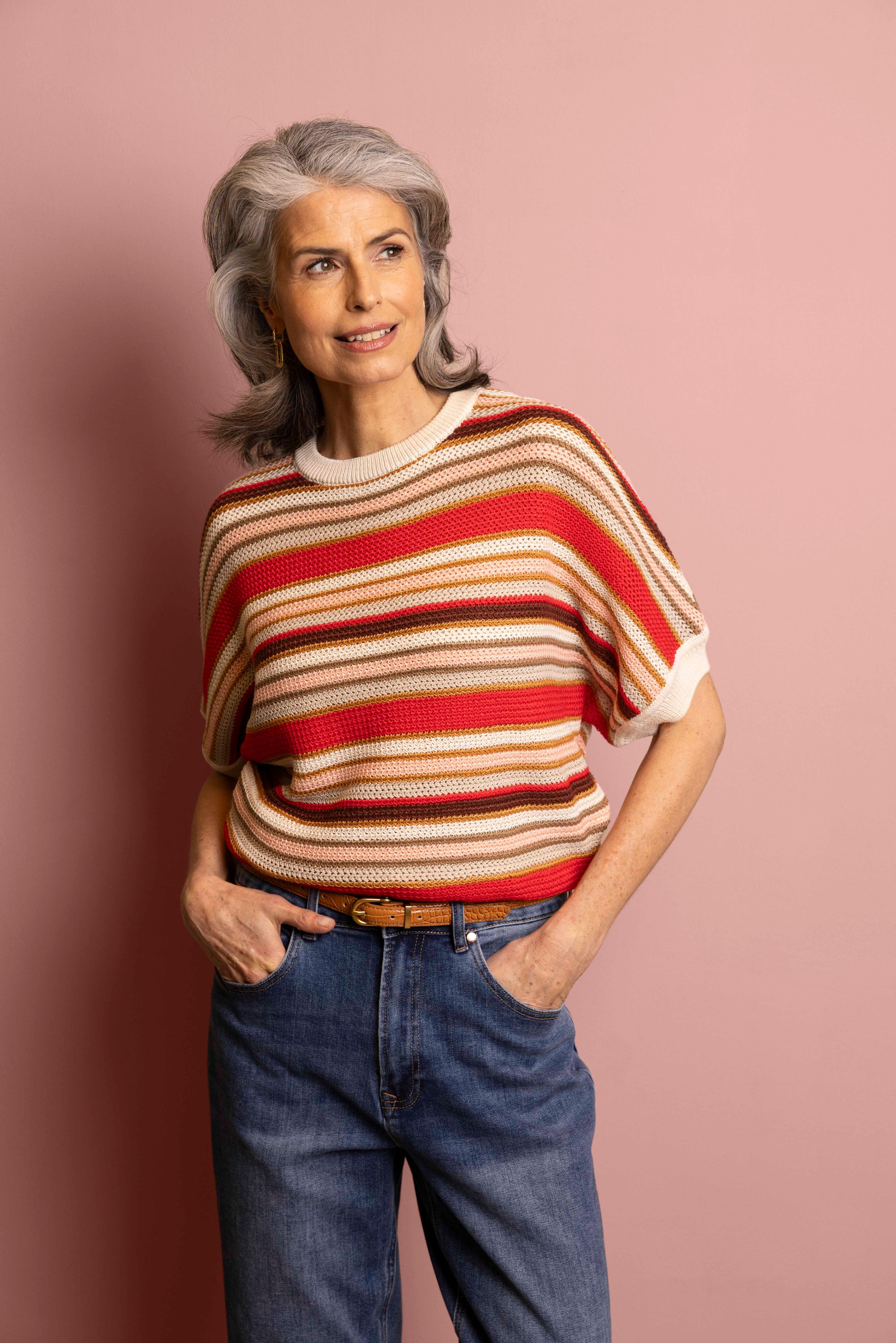 Norah Kleurrijke gebreide trui met trekkoord red multicolor 218223-620-34-36