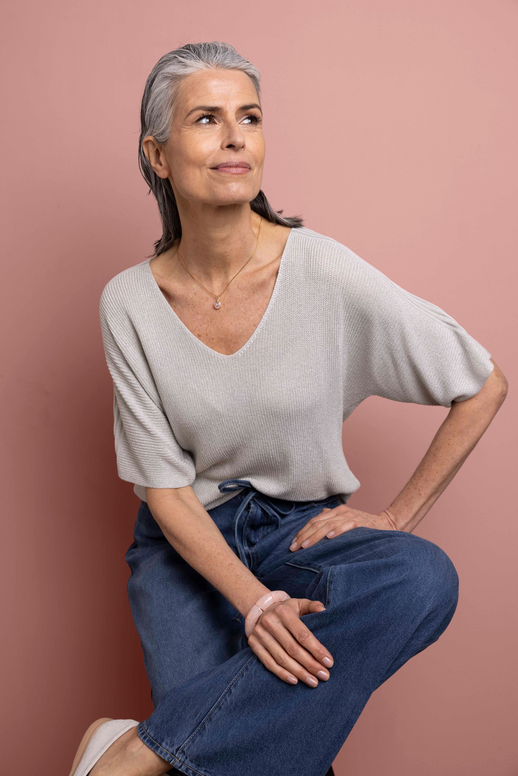 Norah Fijngebreid zilverkleurige trui met lurex silver 218226-099-44