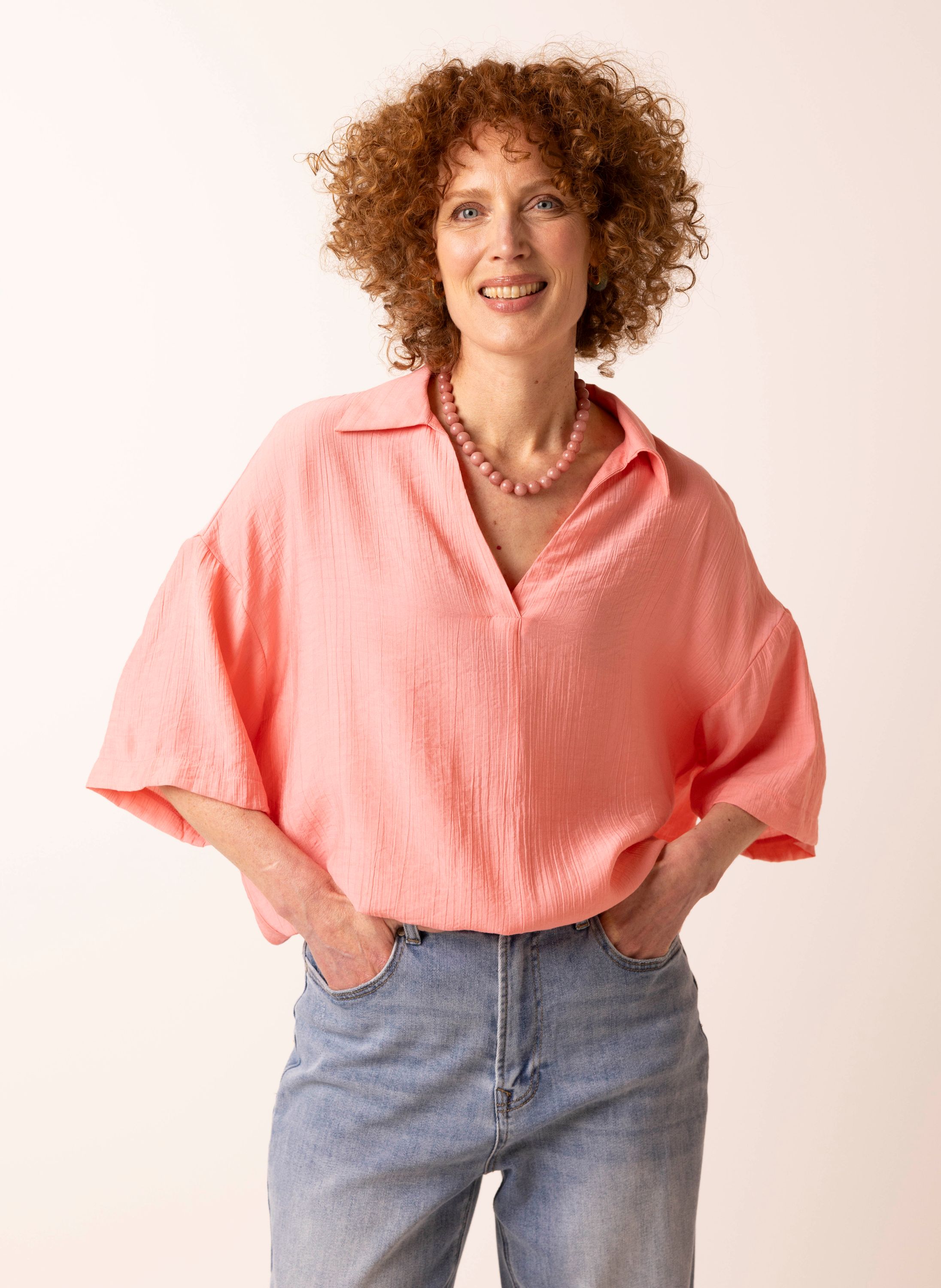Norah Koraalkleurige blouse met strikkoord coral 218323-706-36