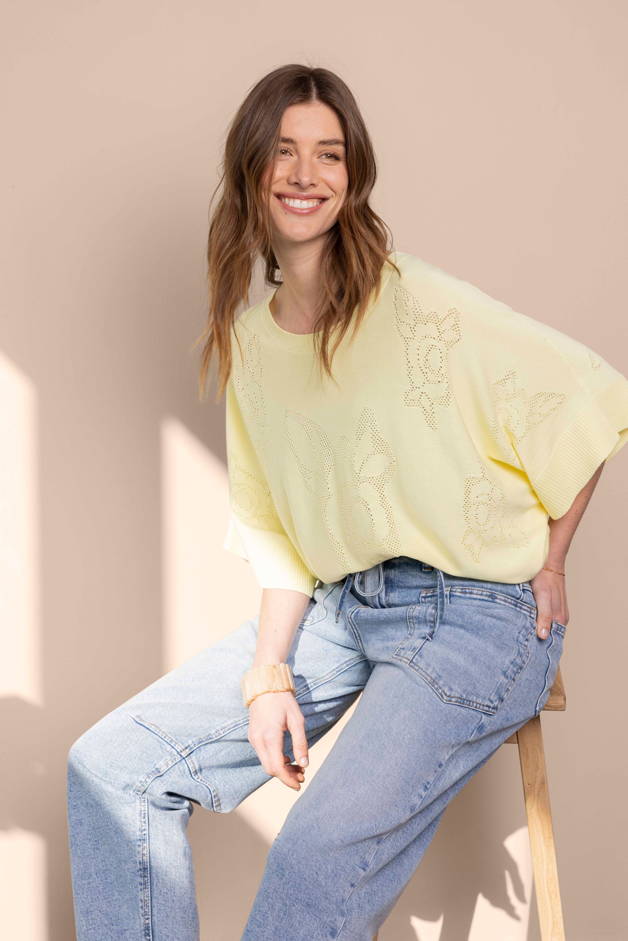 Norah Gele gebreide trui met trekkoord pastel yellow 218329-301-40