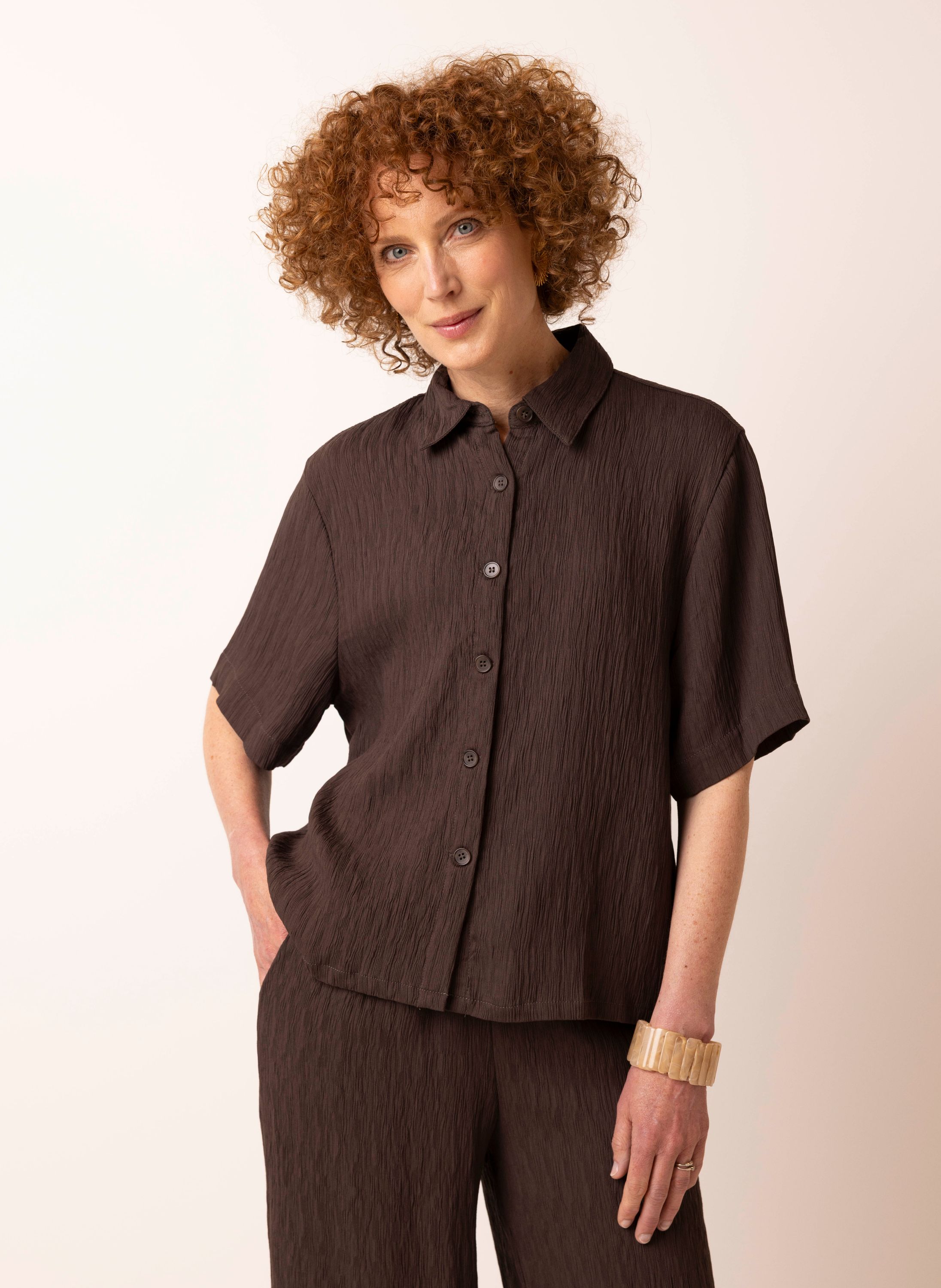 Norah Zandkleurige blouse met structuur dark brown 218410-299-38