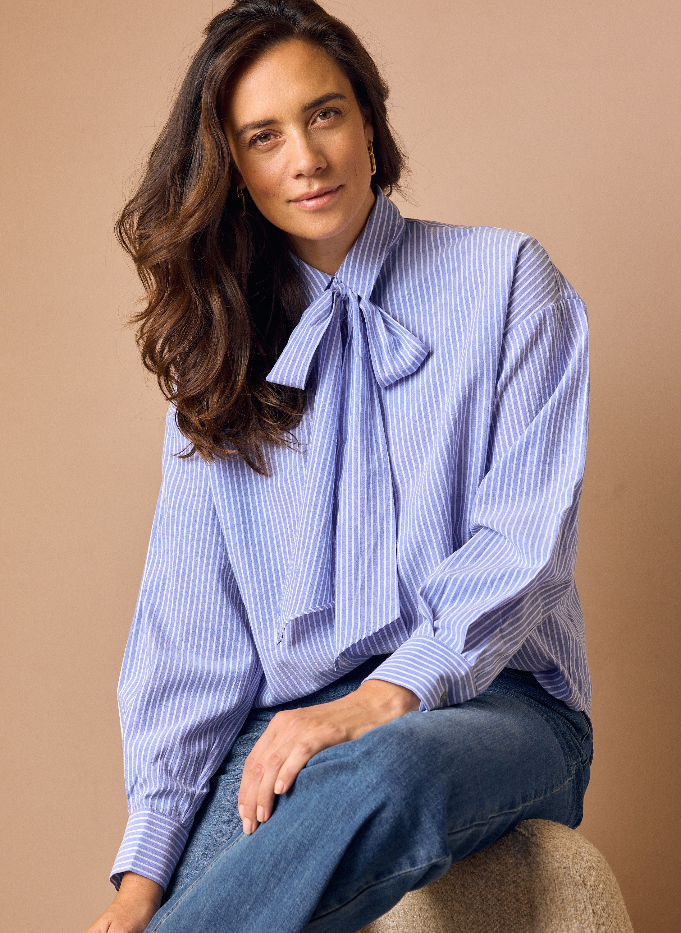 Norah Blauw/wit gestreepte blouse met strik blue/white 218469-431