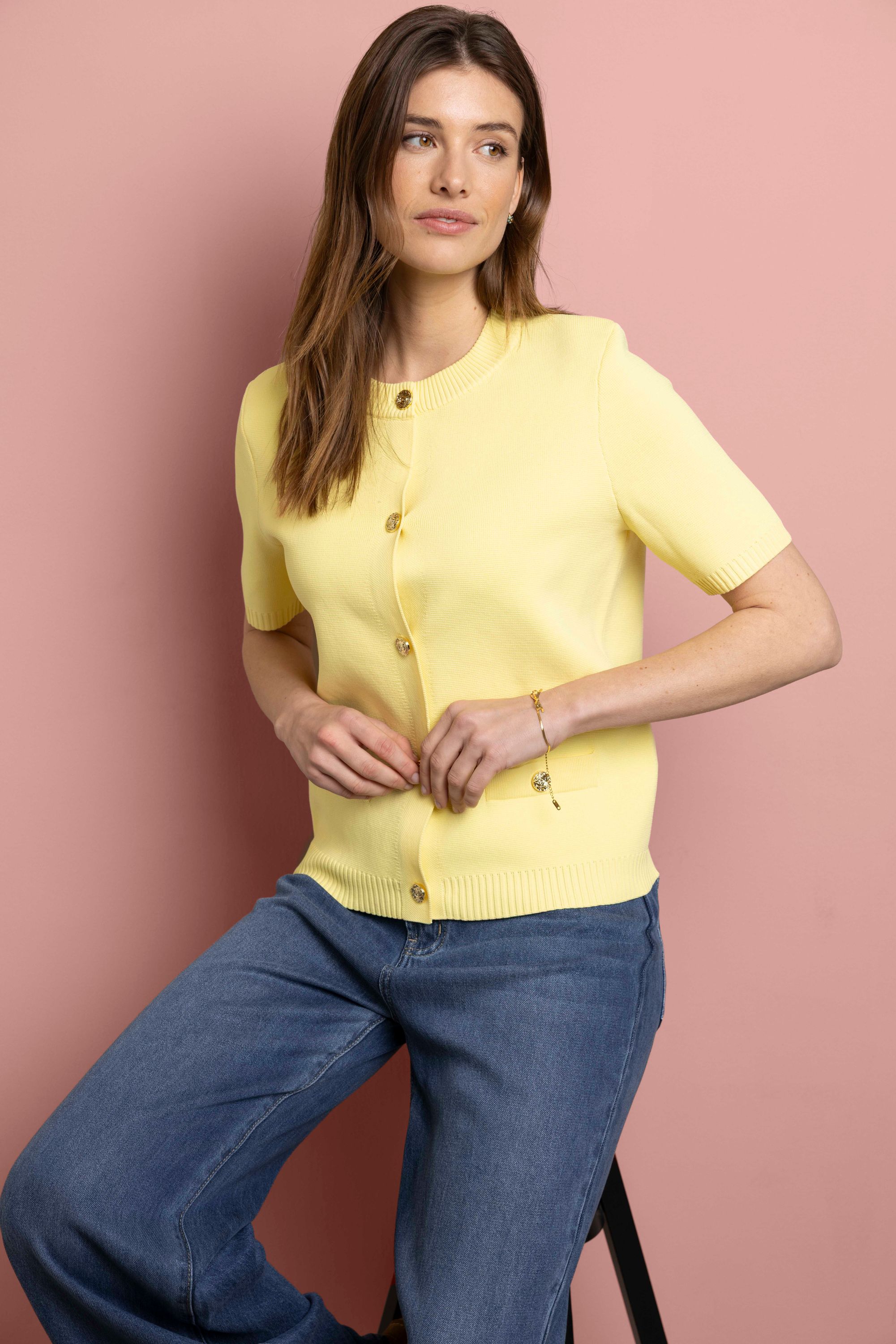 Norah Geel gebreid vest met goudkleurige knopen yellow 218571-300-36