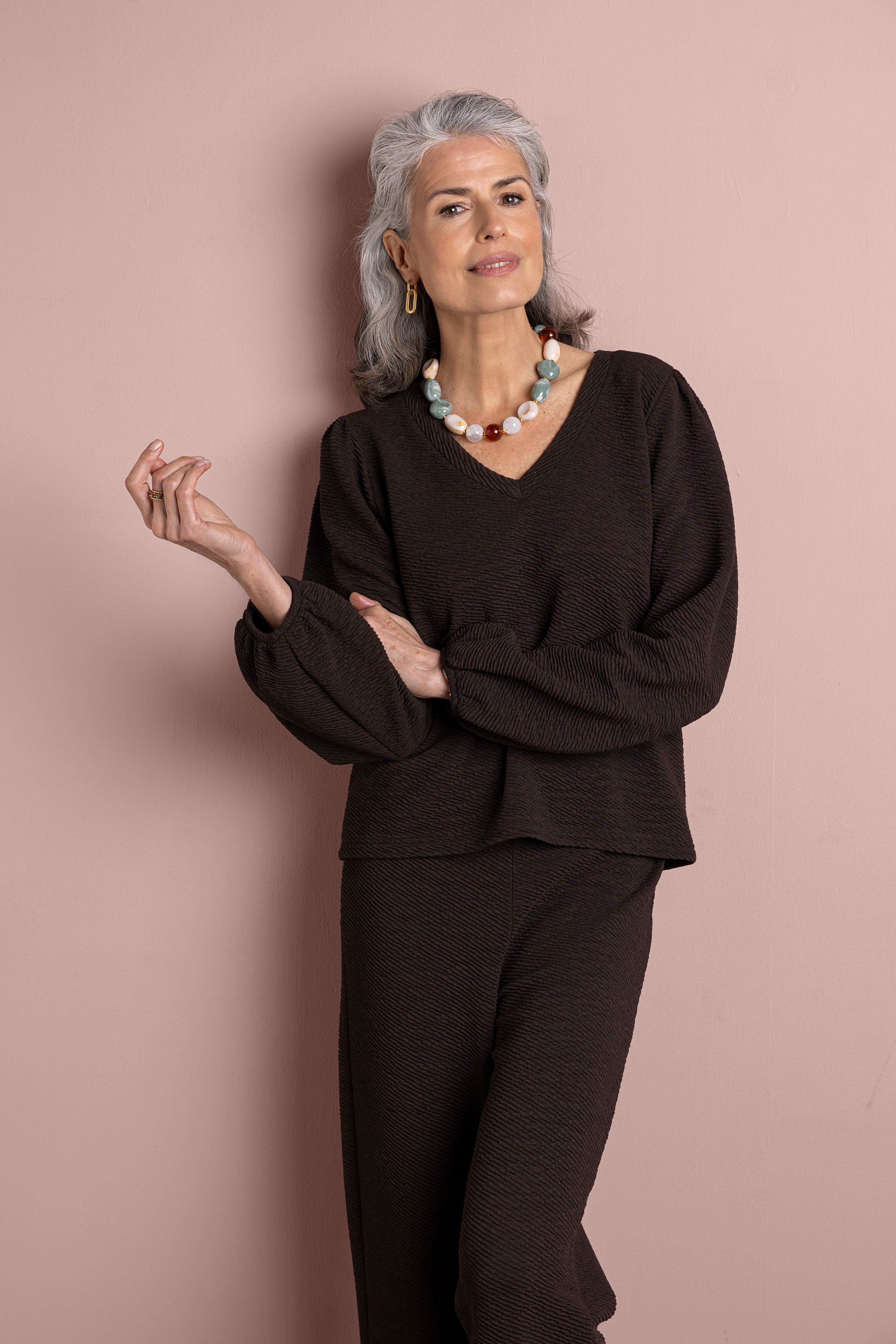 Norah Bruine sweater met structuur en V-hals brown 218693-200-38