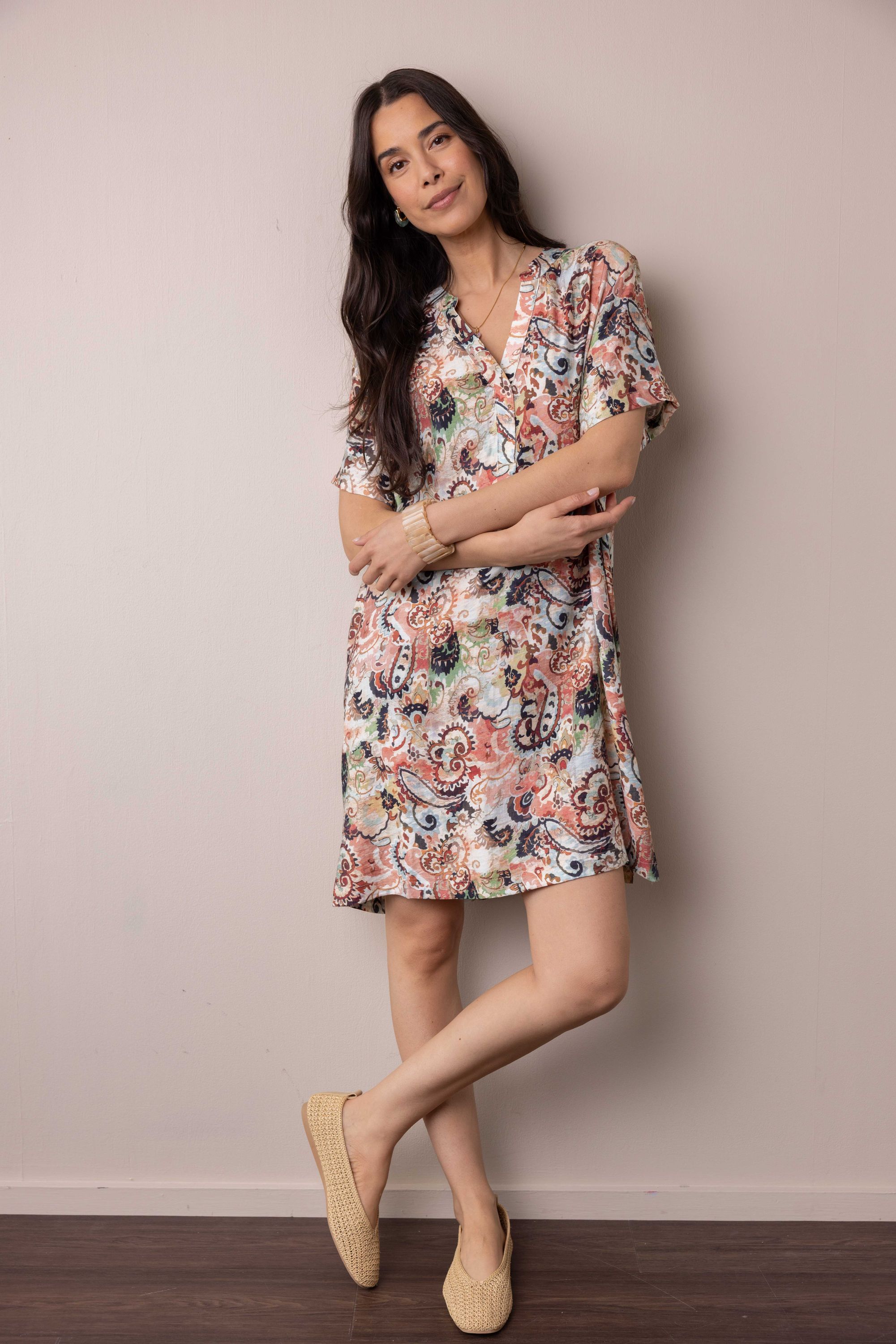 Norah Kleurrijke midi jurk ecru multicolor 218700-122-38