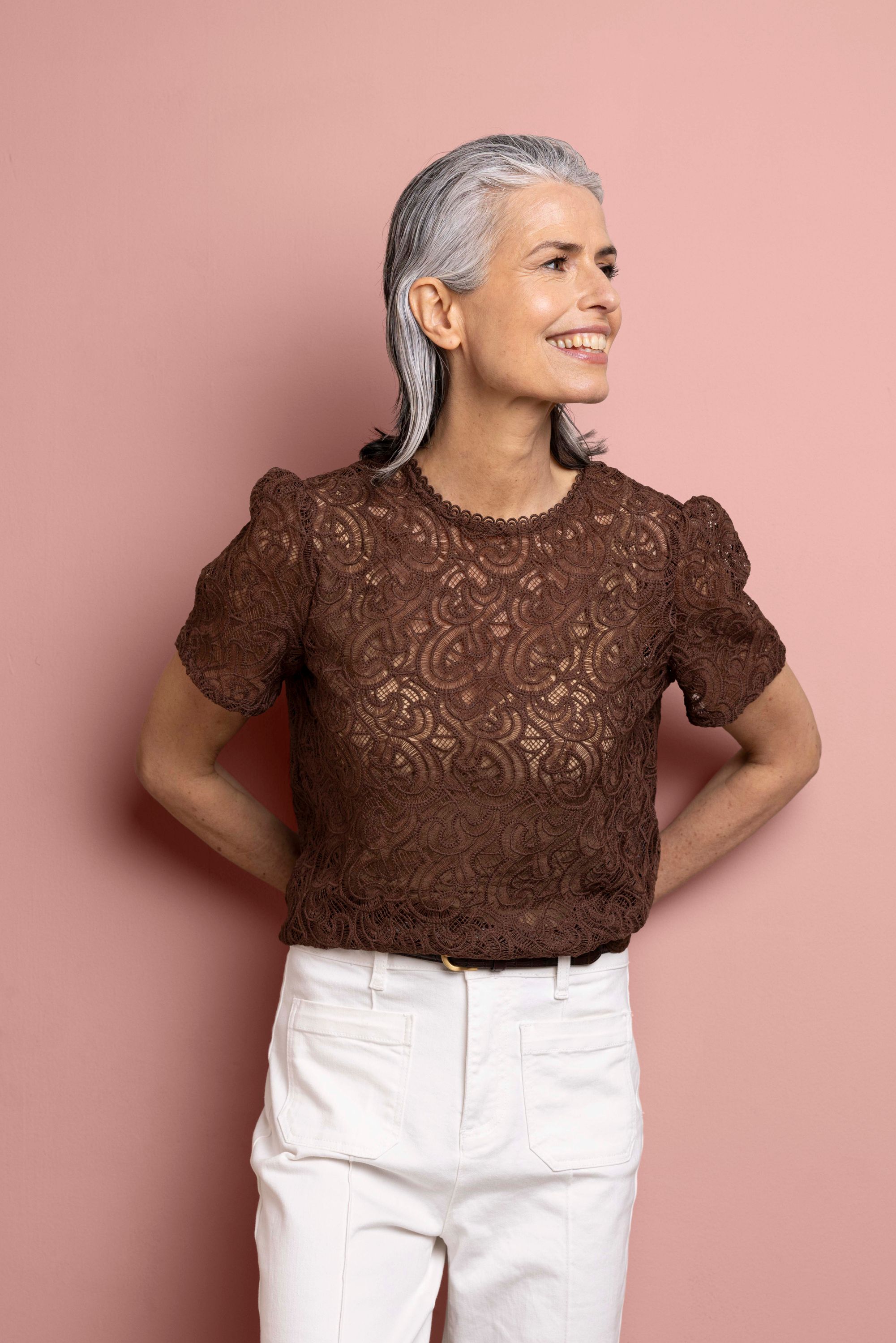 Norah Bruine kanten top light brown 218724-201-36