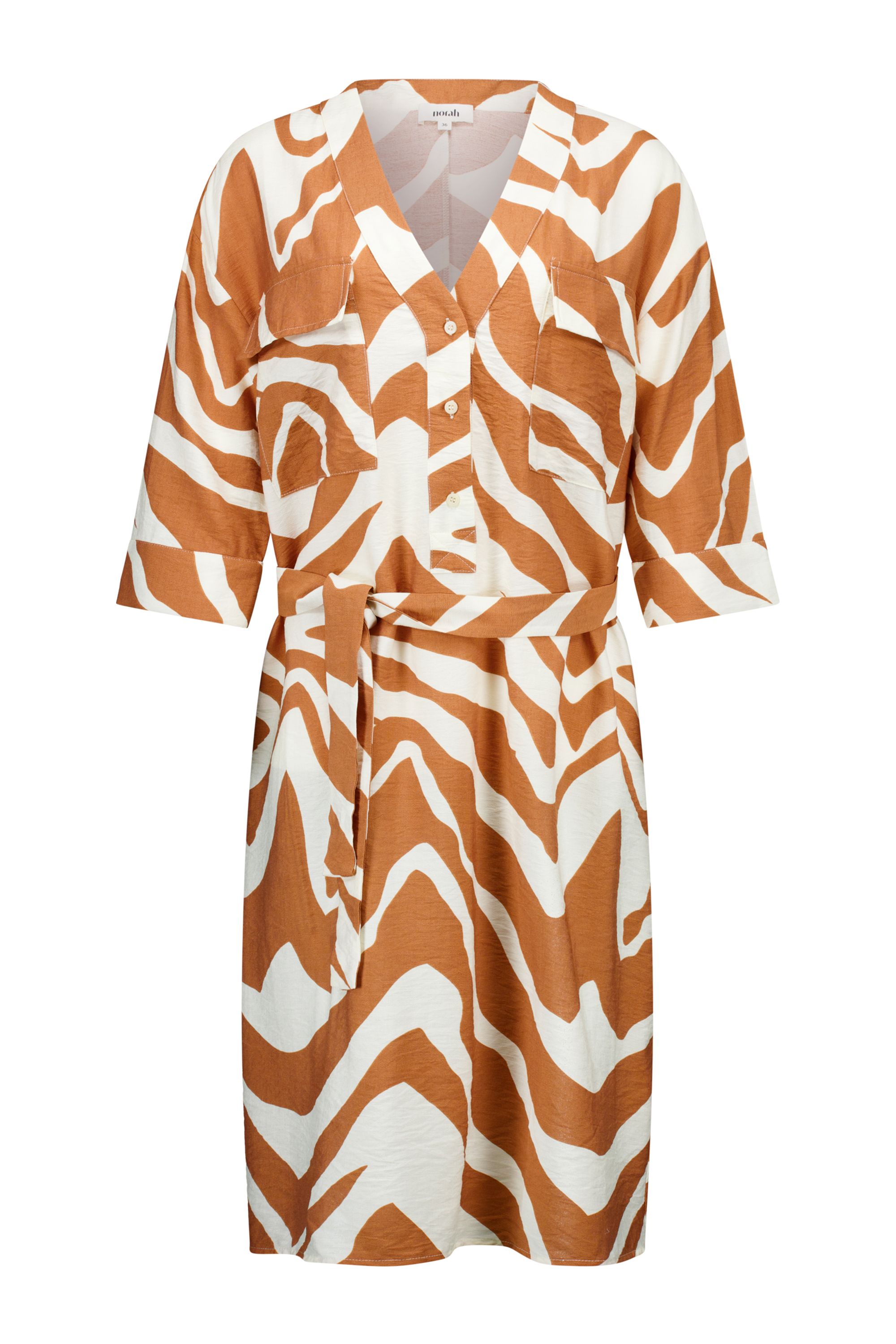 Norah Bruin/ecru midi jurk met golvende print mocca 218727-202-36