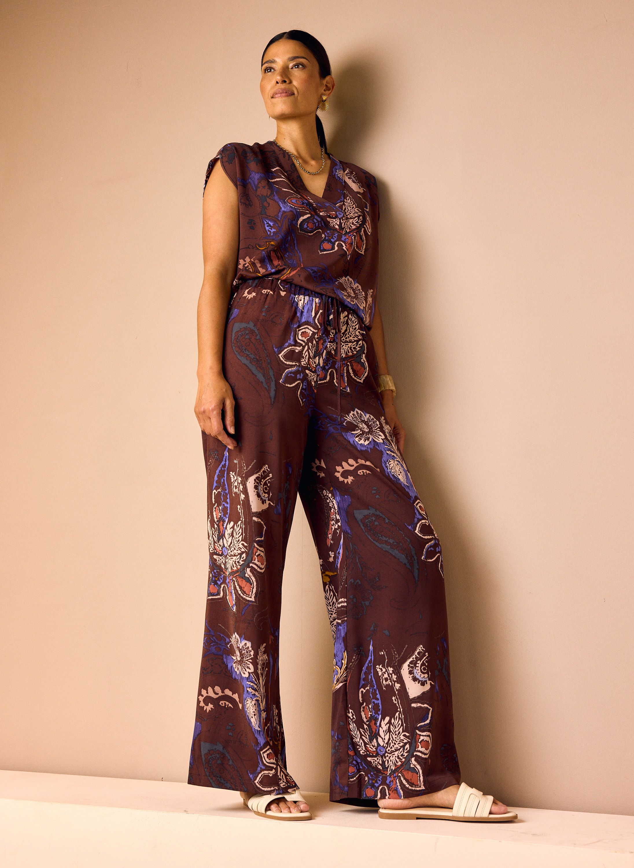 Norah Wide fit broek | Bruin | Bloemenprint brown multicolor 218777-220