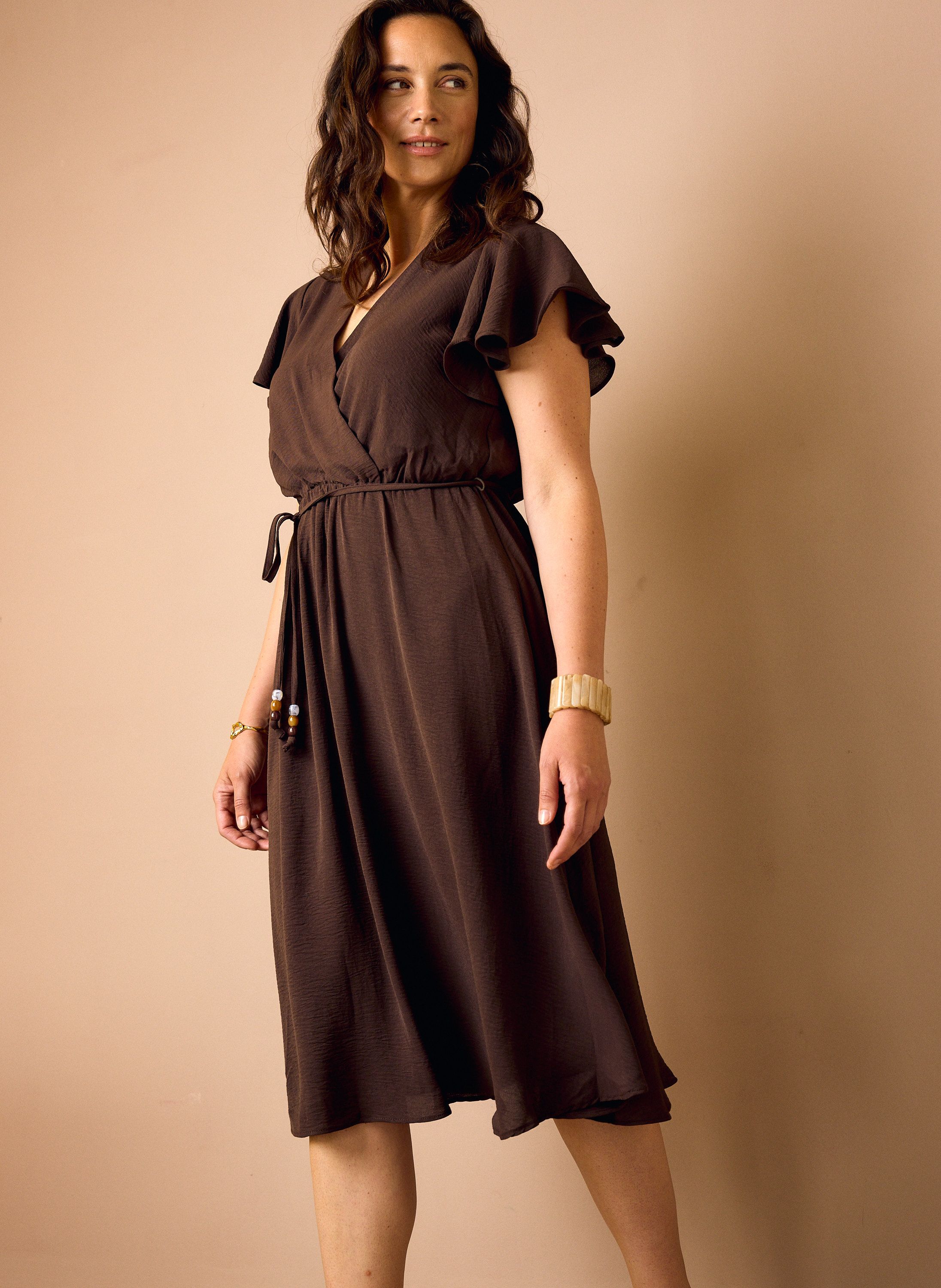 Norah Donkerbruine midi jurk met ceintuur dark brown 218824-299
