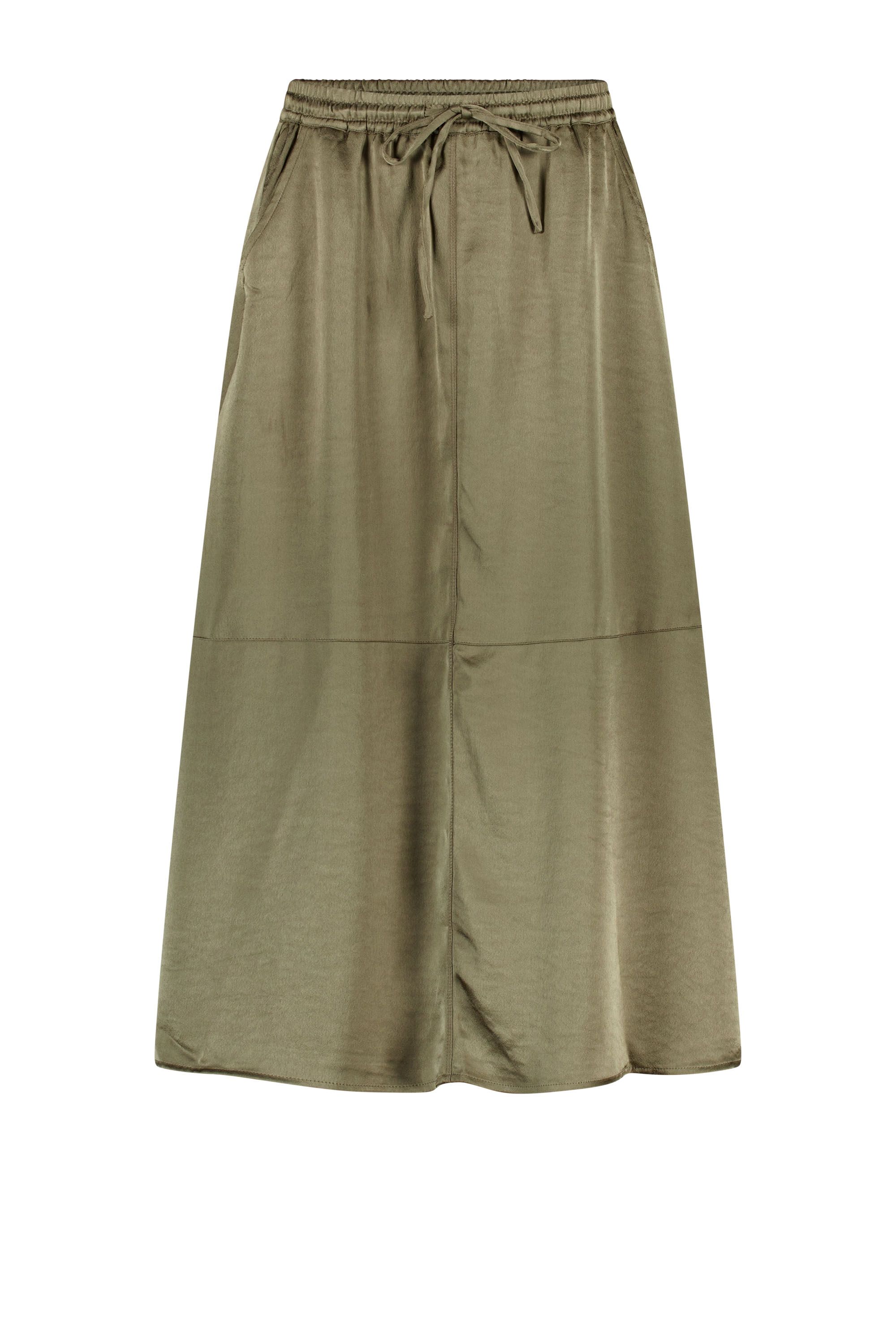 Norah Donkergroene satijnen midi rok dark olive 218851-598