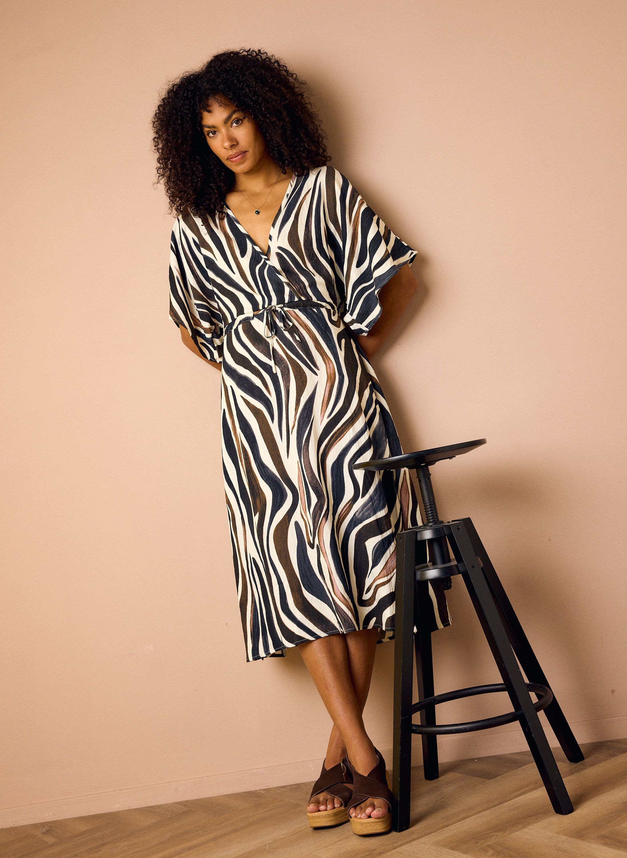 Norah Midi jurk met zebraprint brown multicolor 218852-220-42