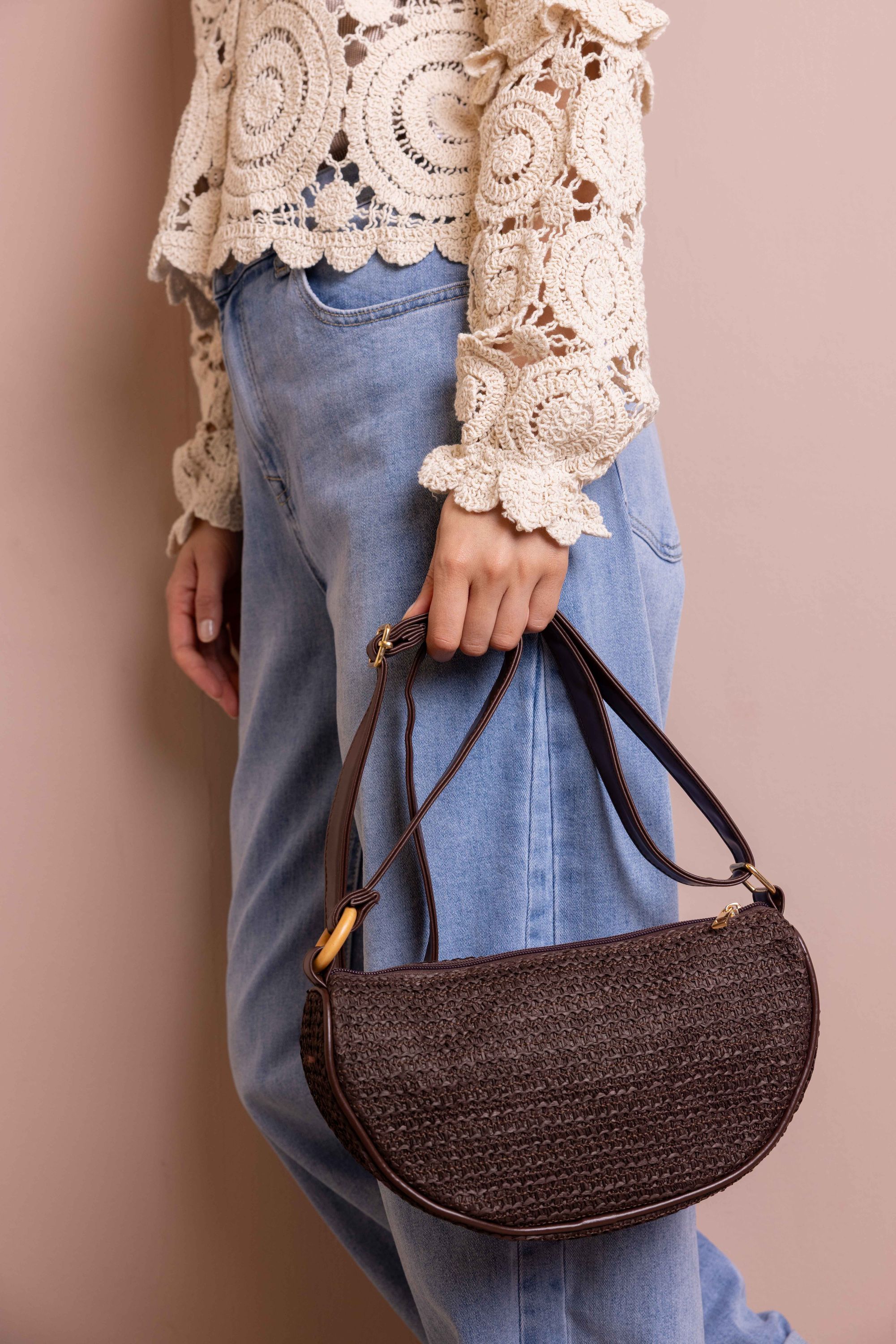 Norah Zwarte raffia crossbody tas  dark brown 218865-299-ONE