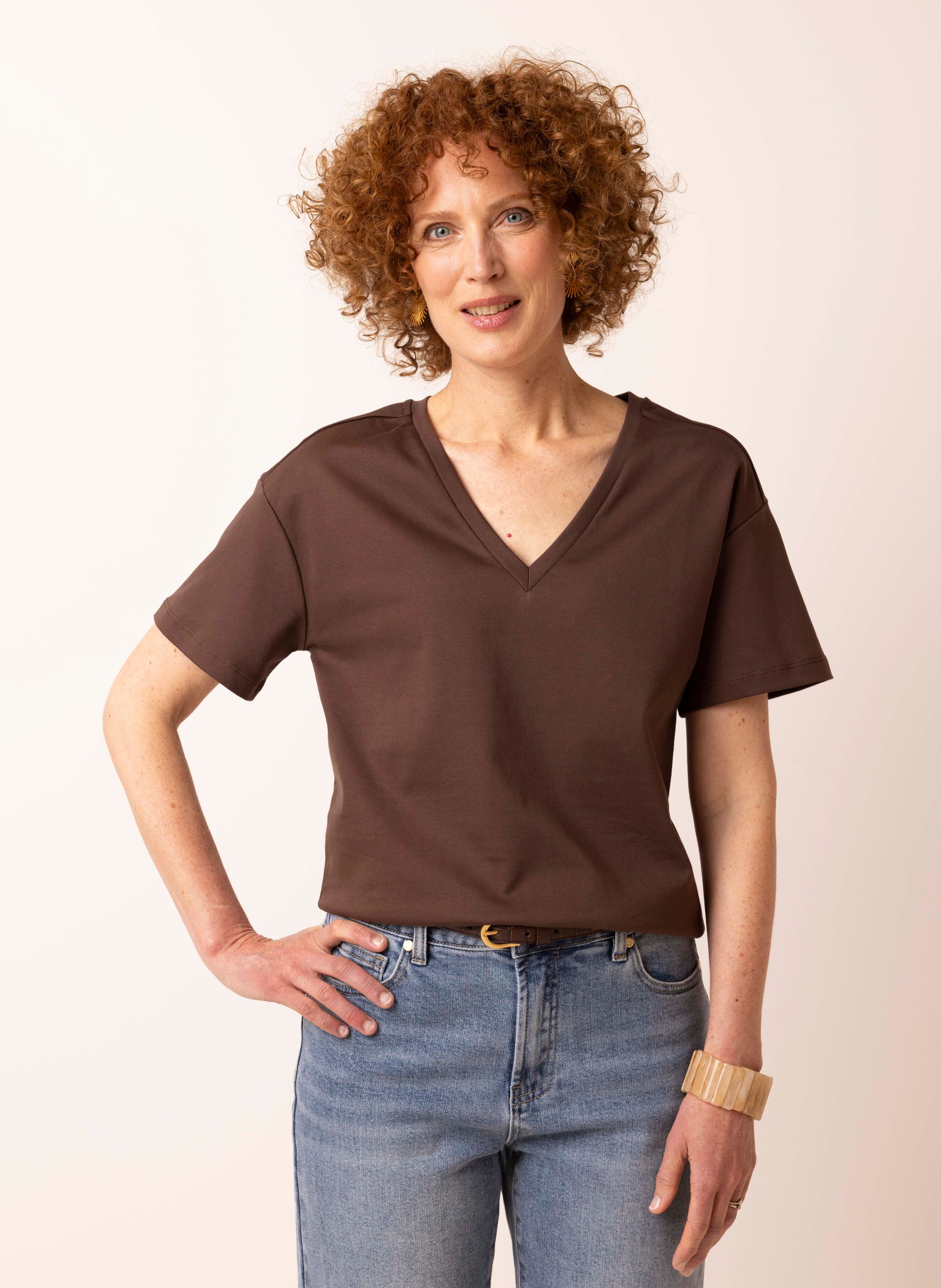 Norah Bruin shirt met V-hals light brown 218929-201-42