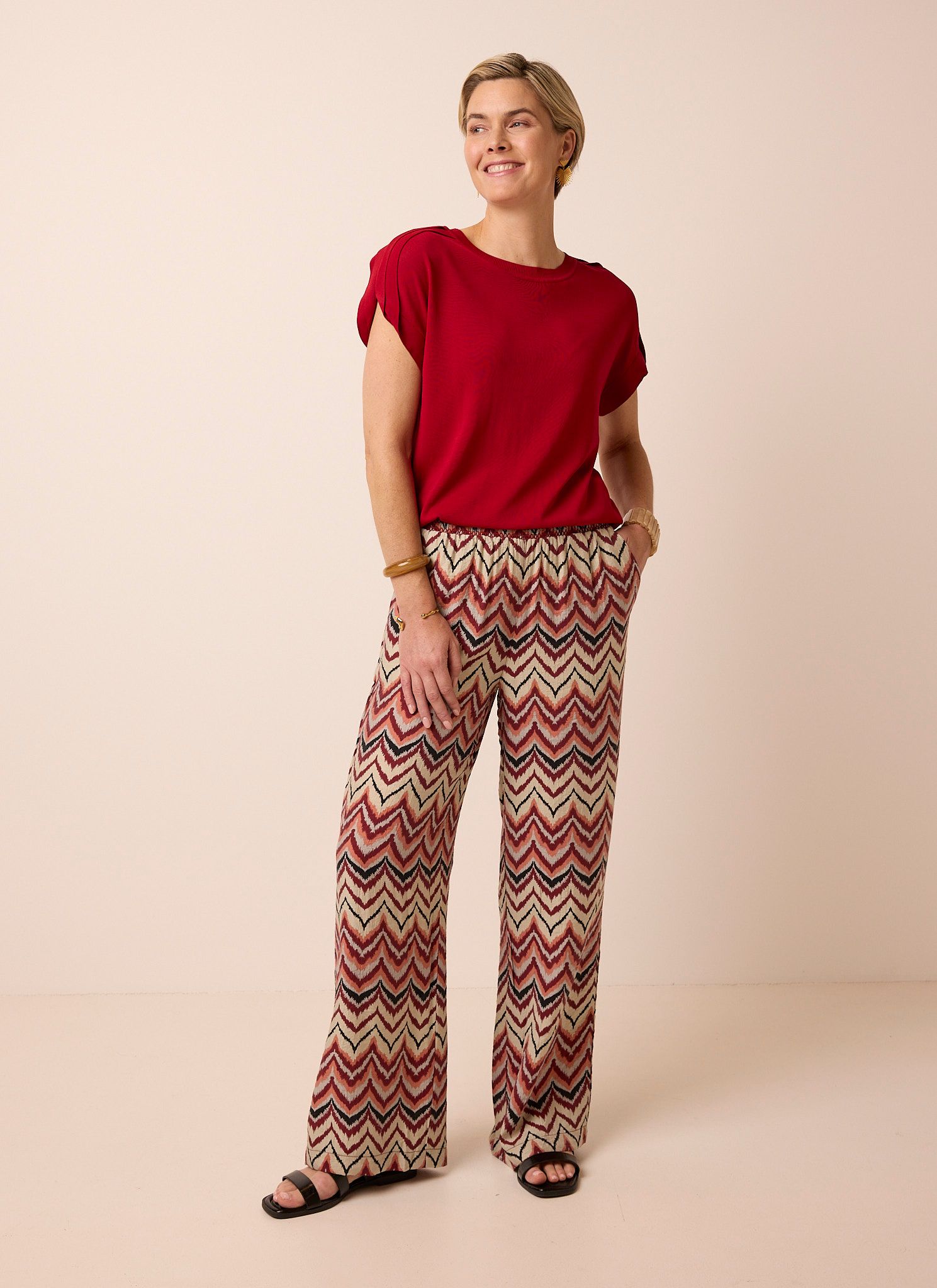Norah Wide fit broek | Rood | Zigzag red multicolor 218958-620