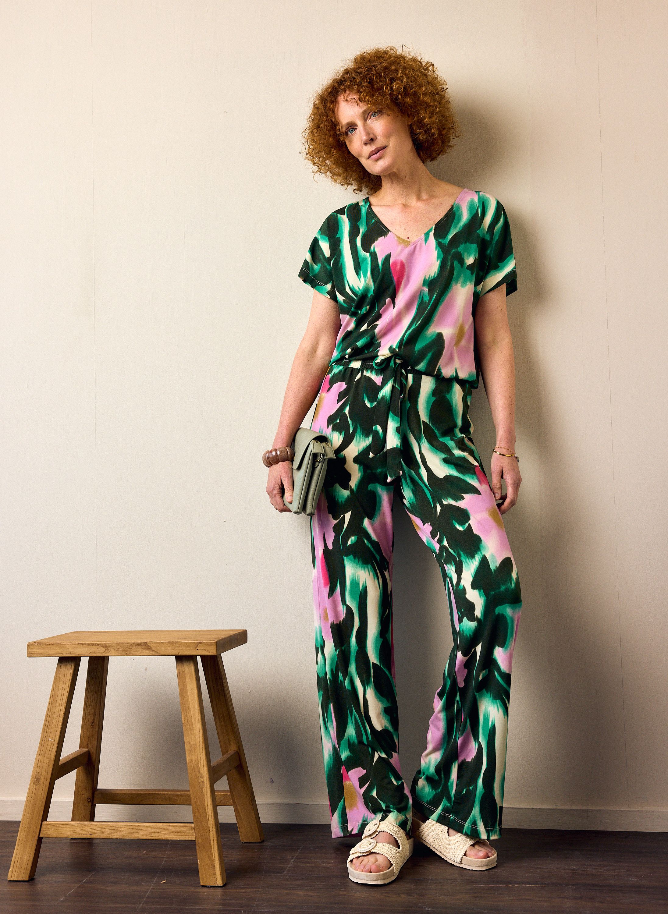 Norah Wide fit broek | Groen/roze | Grafische print green/pink 219029-539