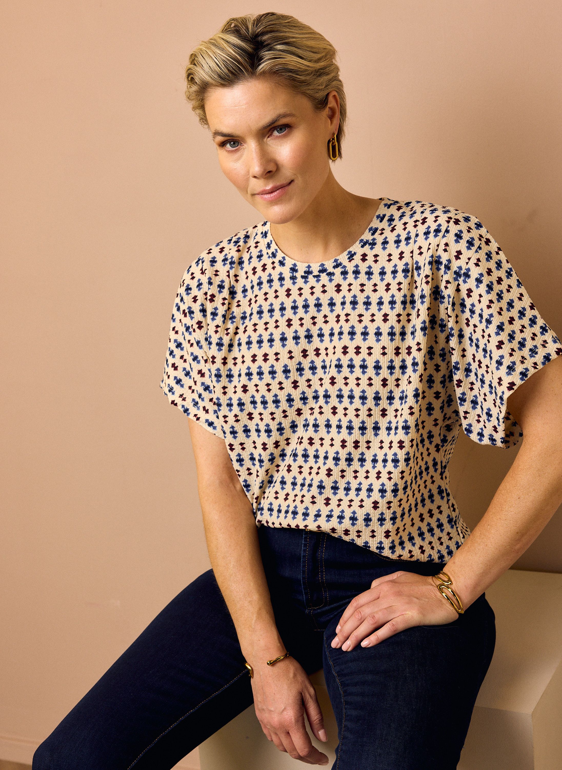 Norah Ecru shirt met grafische print blue multicolor 219070-420