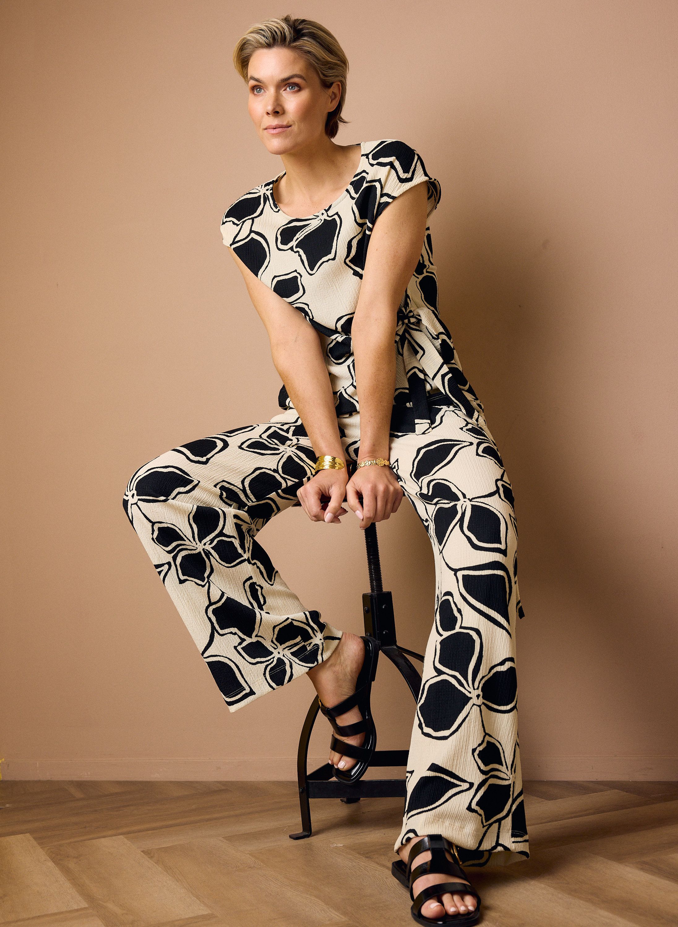 Norah Wide fit broek | Ecru/zwart | Grafische print white/black 219157-131-48