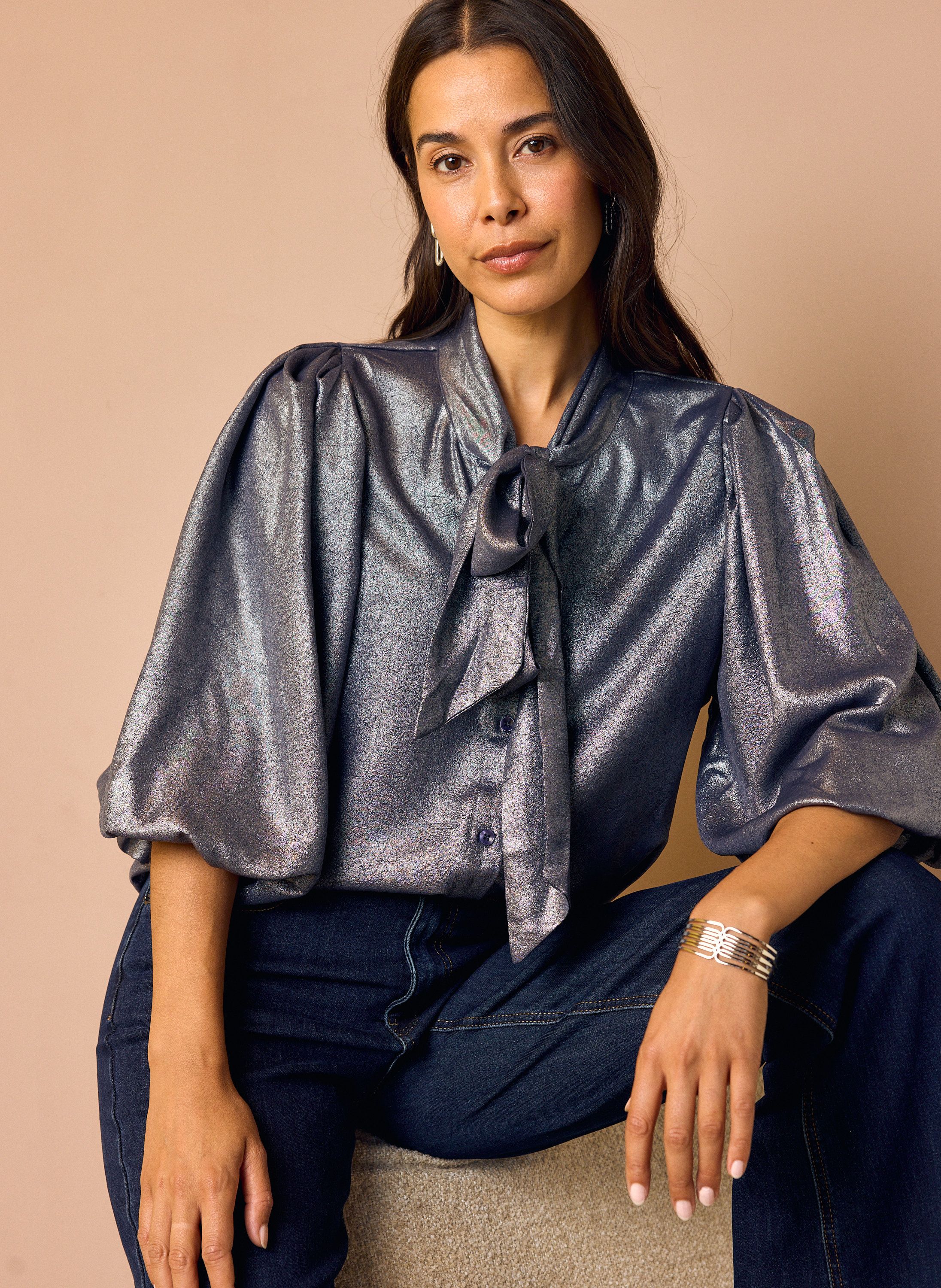 Norah Donkerblauwe blouse met glans metal blue 219176-405