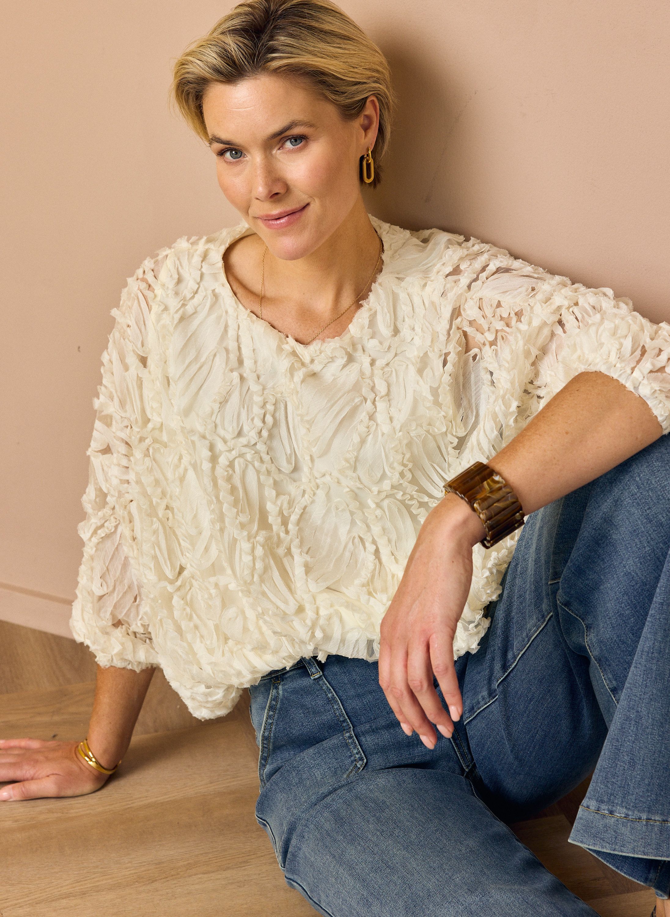 Norah Ecru blouse met mesh ecru 219177-102