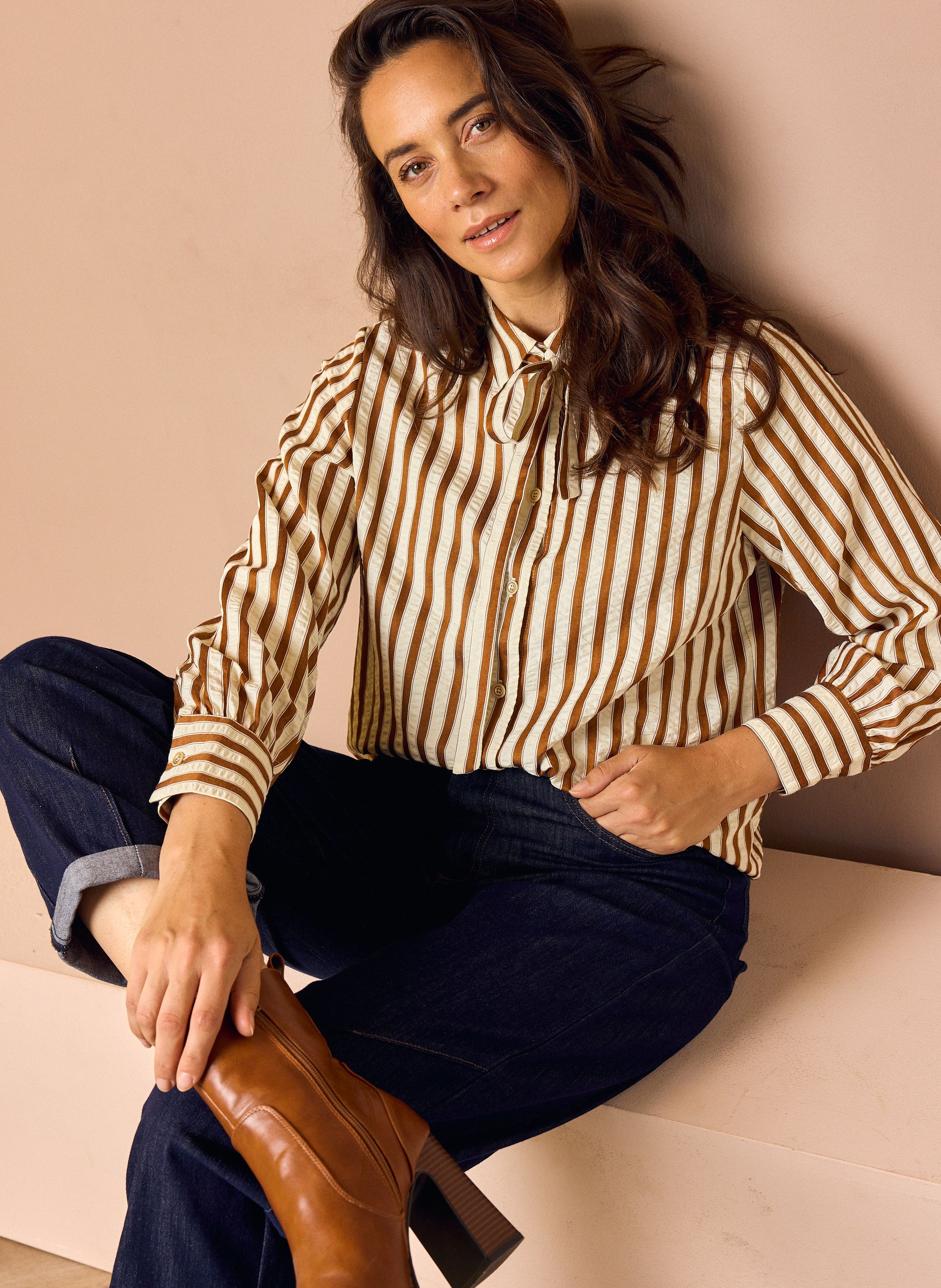 Norah Bruin/ecru gestreepte blouse brown/ecru 219231-241