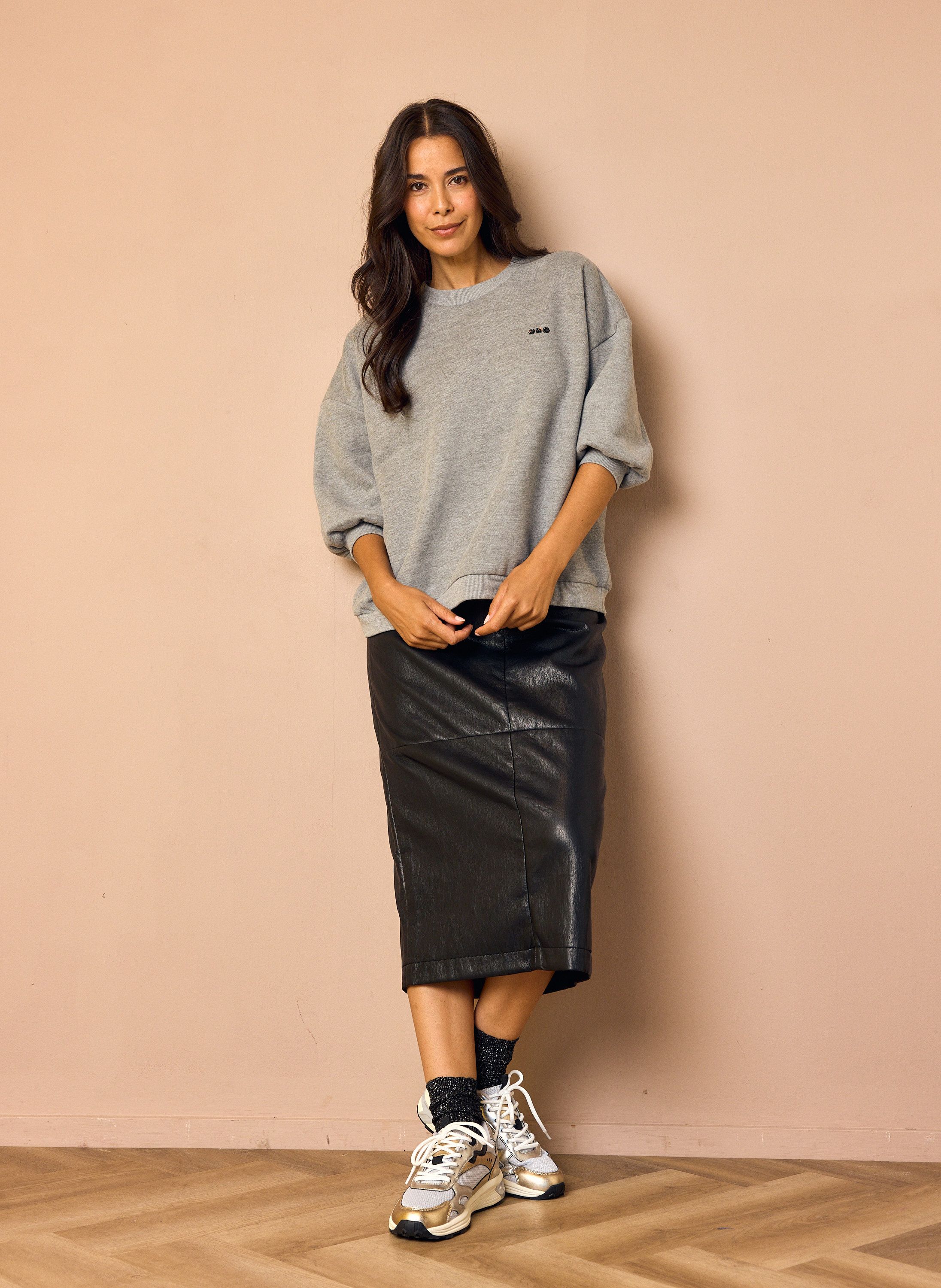 Norah Zwarte imitatieleren midi rok black 219293-001