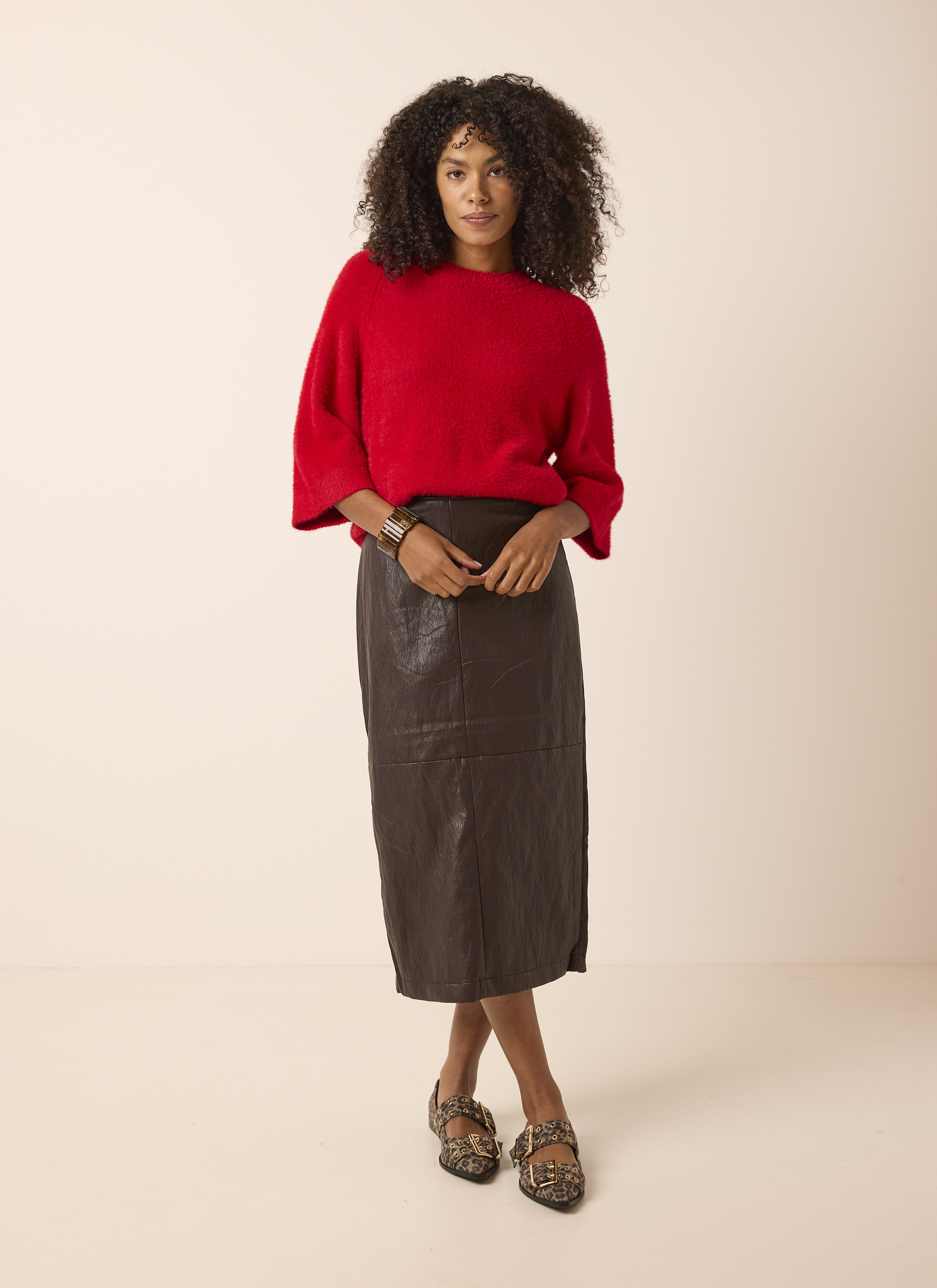 Bruine imitatieleren midi rok | Norah Dameskleding maat 34 t/m 48