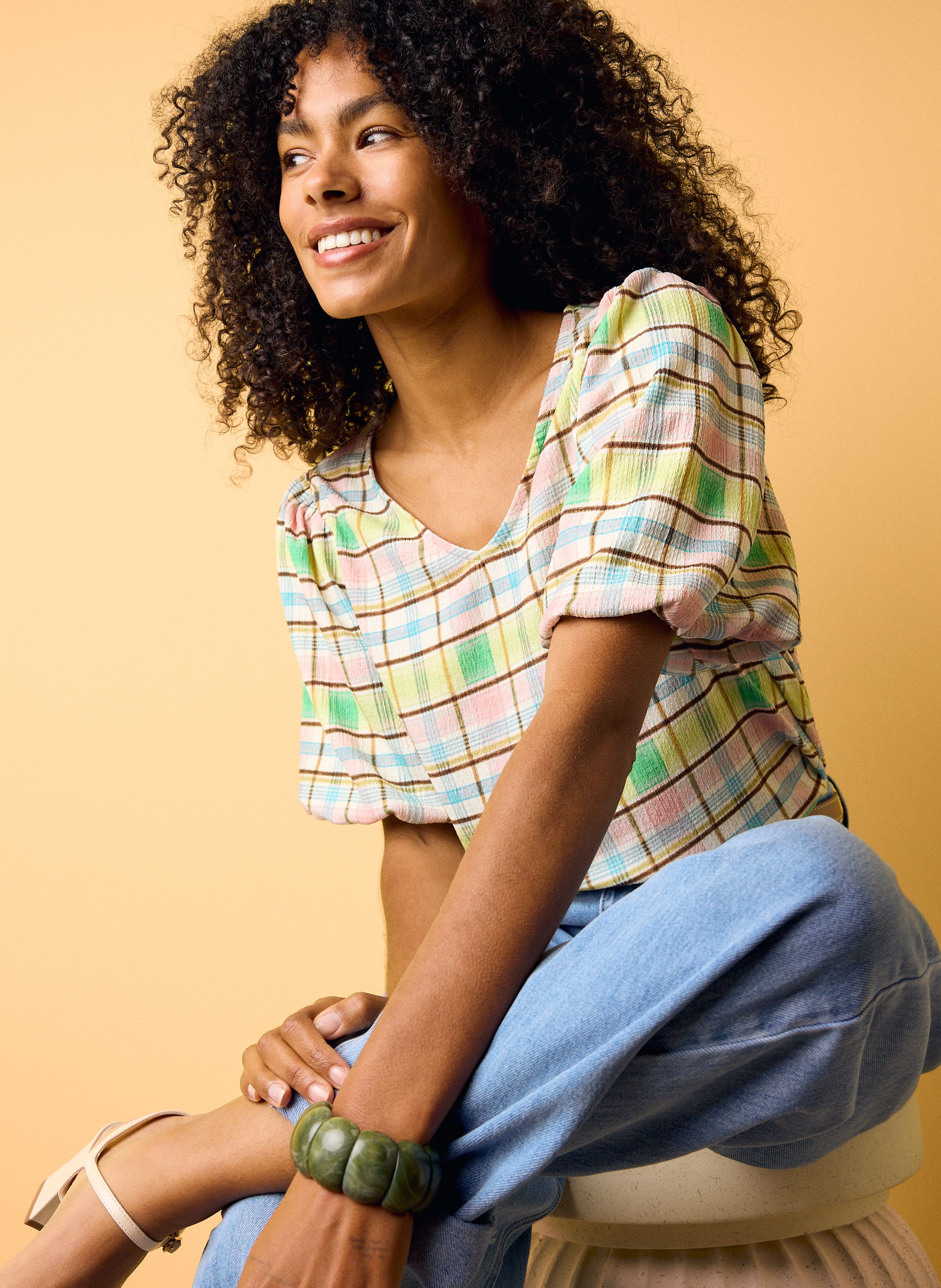 Norah Geruit shirt met pofmouwen multicolor 219296-002-42