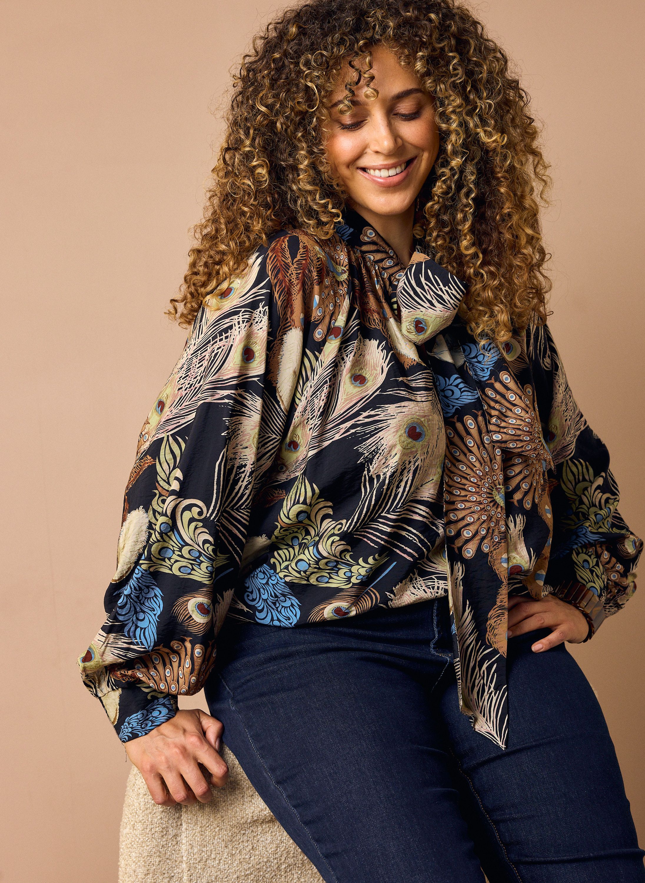 Norah Zwarte blouse met dierenprint black multicolor 219300-020