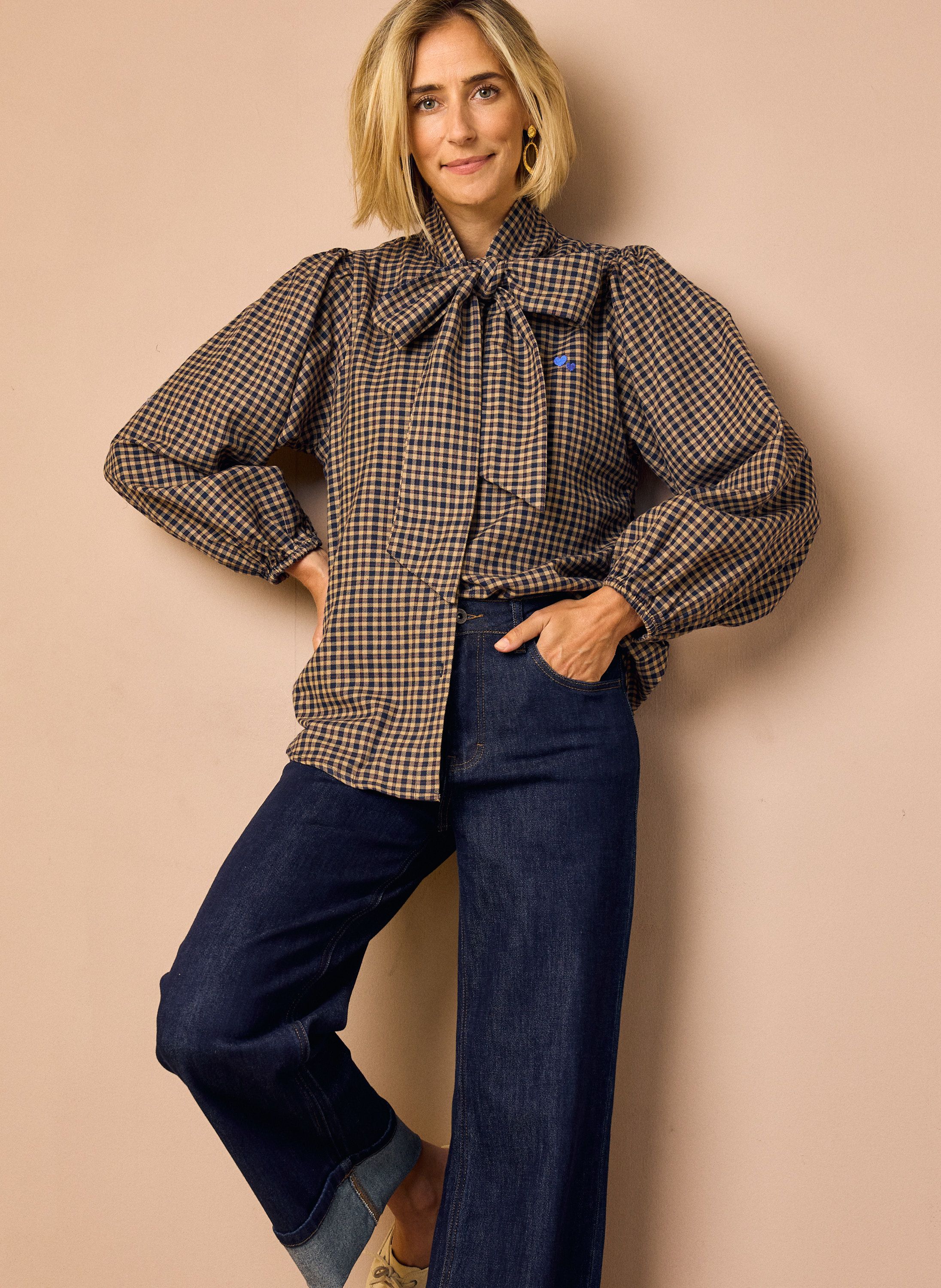 Norah Bruine geruite blouse met strikdetail brown/blue 219365-234