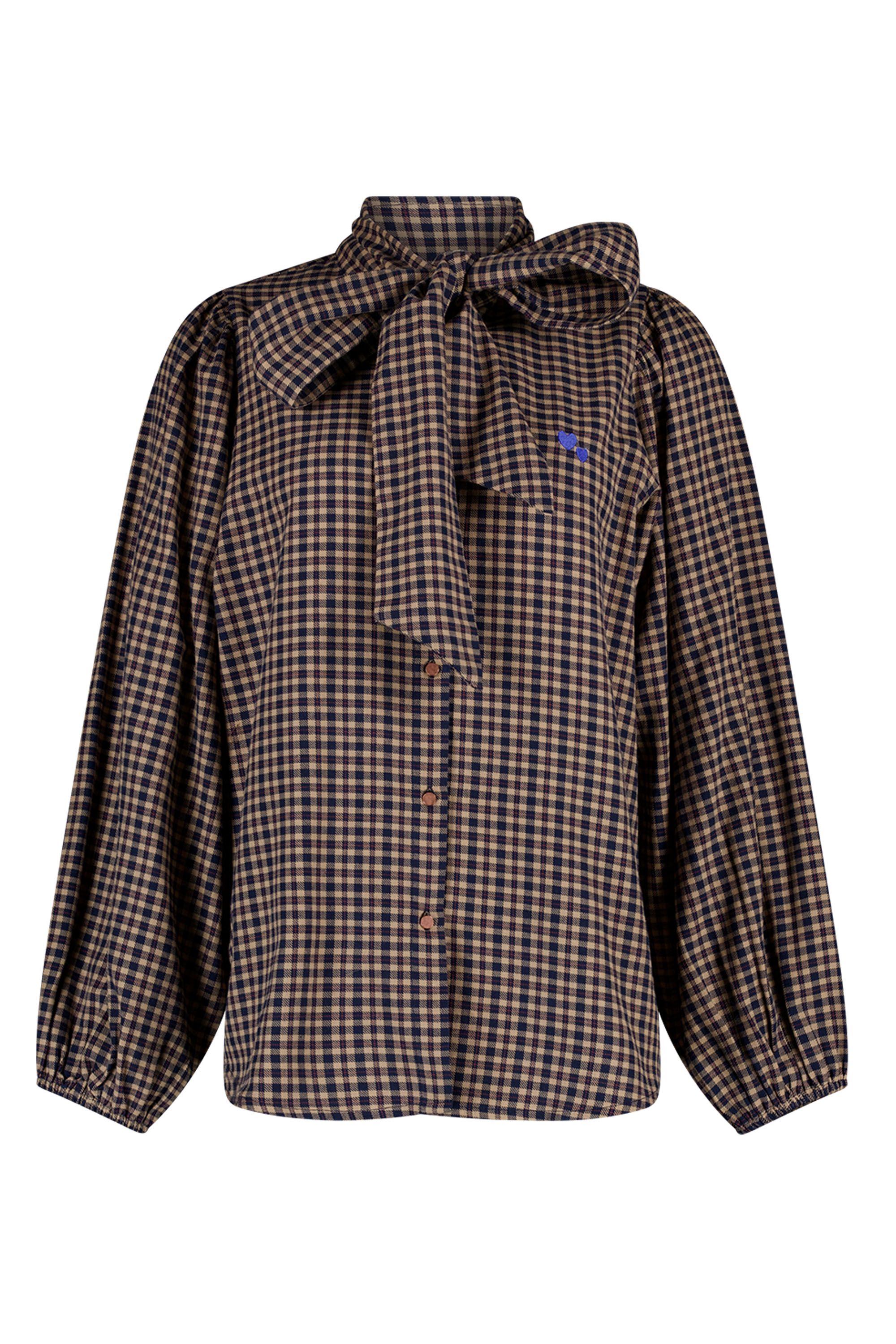 Norah Bruine geruite blouse met strikdetail brown/blue 219365-234