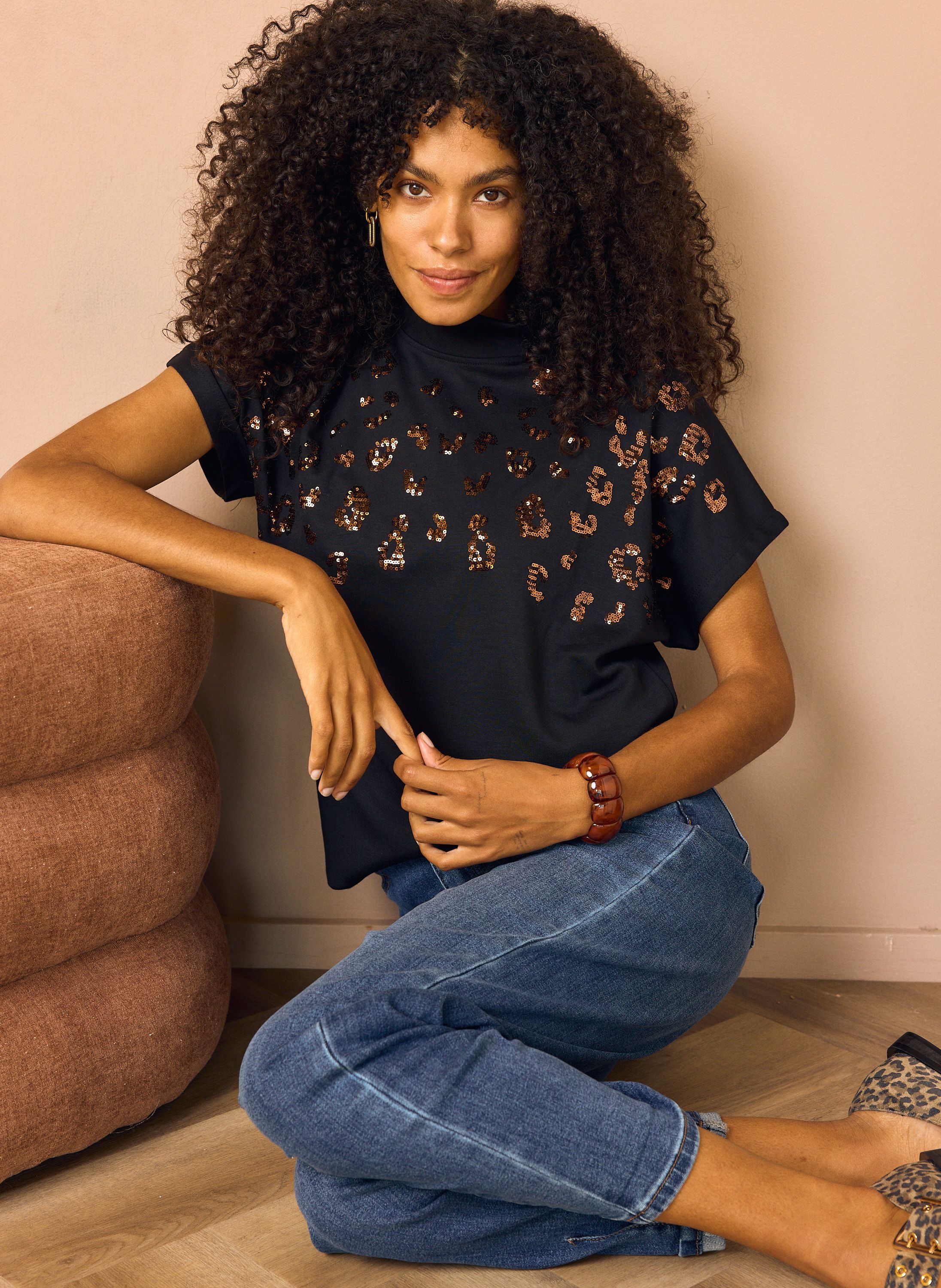 Norah Zwarte shirt met pailletten black/brown 219377-032