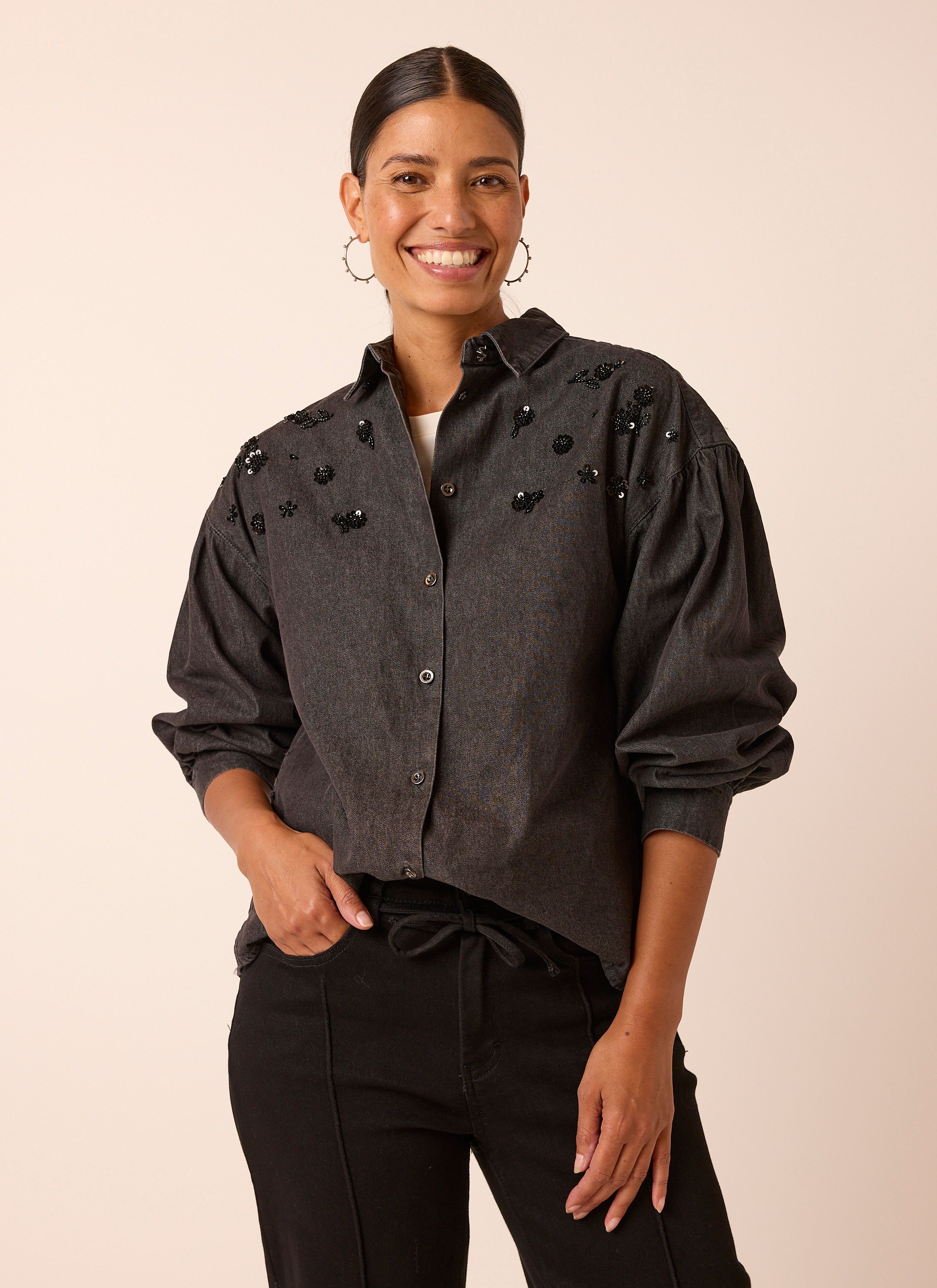 Norah Zwarte denim blouse met pailletten black denim 219387-488
