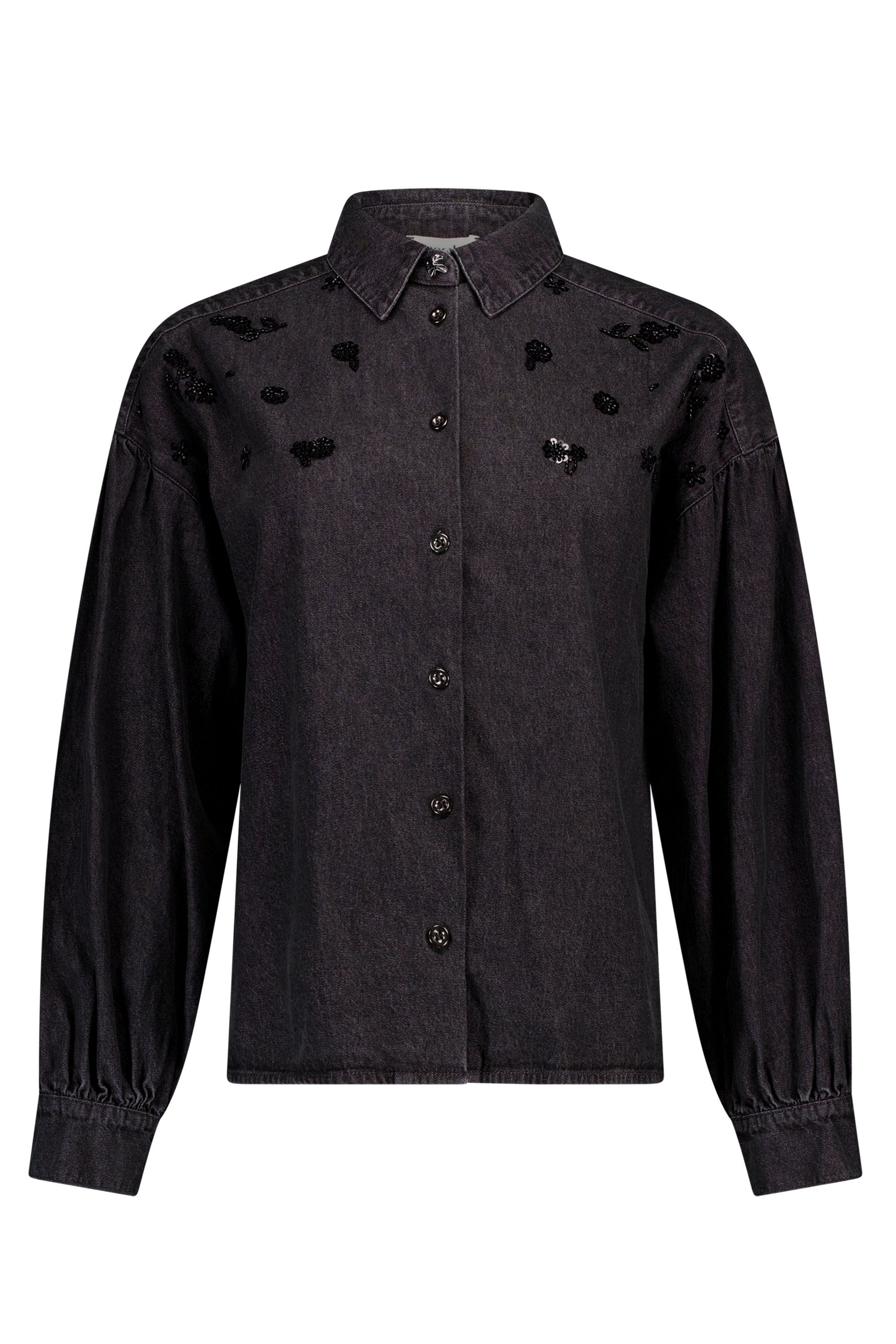 Norah Zwarte denim blouse met pailletten black denim 219387-488