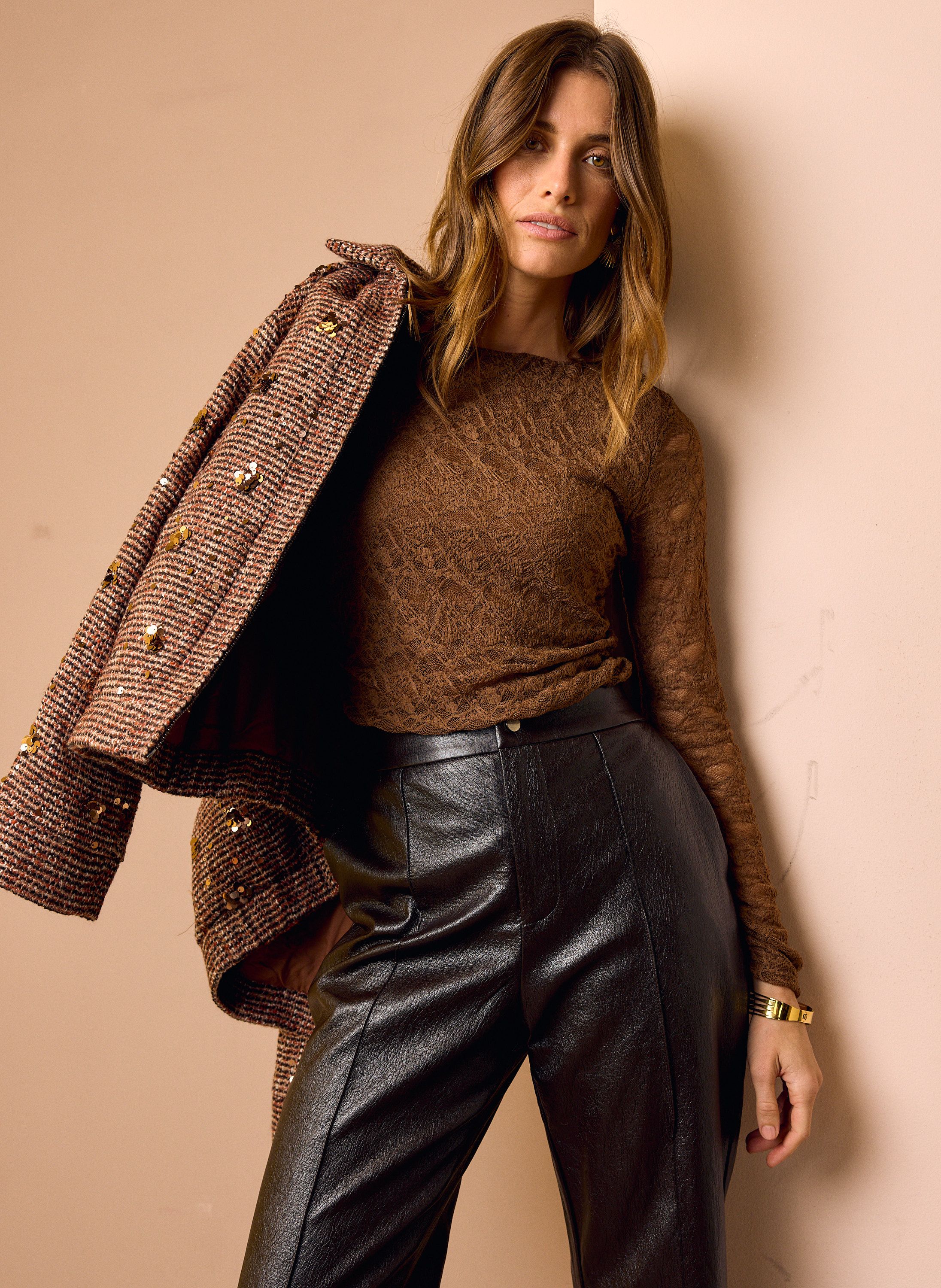 Norah Bruin kanten shirt mocca 219519-202