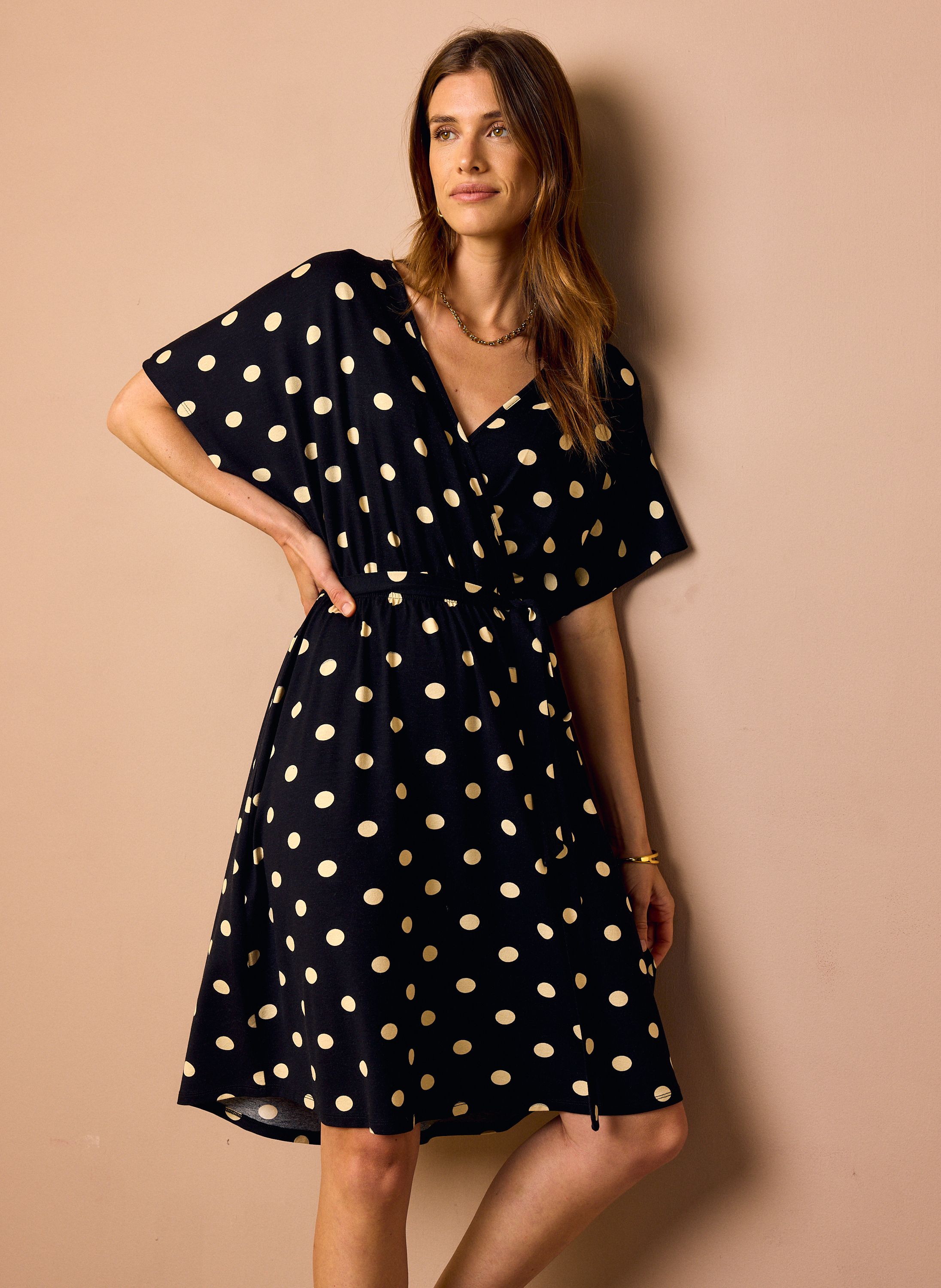 Norah Zwart/ecru polkadot midi jurk black/sand 219521-030