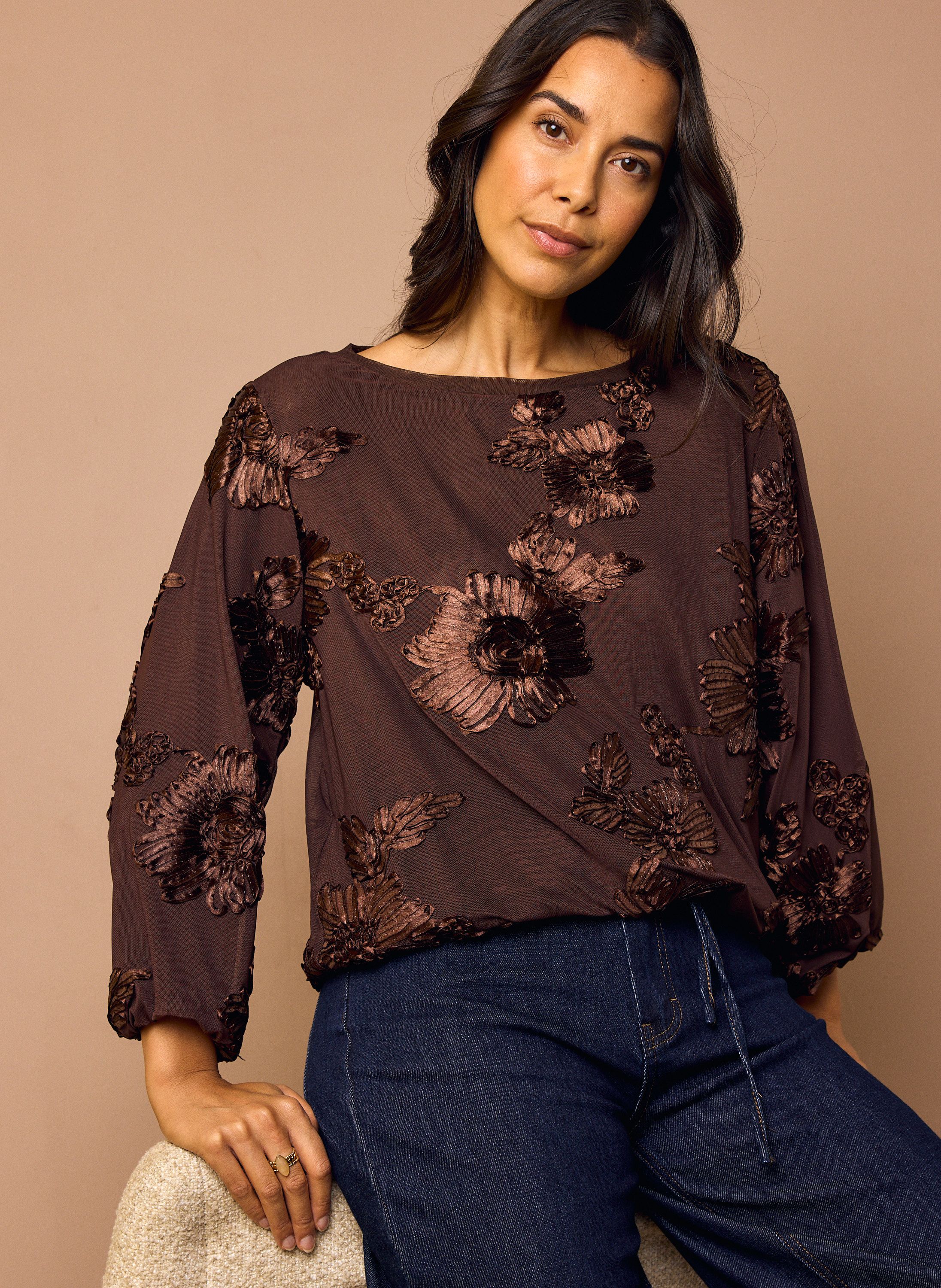 Norah Bruin shirt met bloemen brown 219529-200