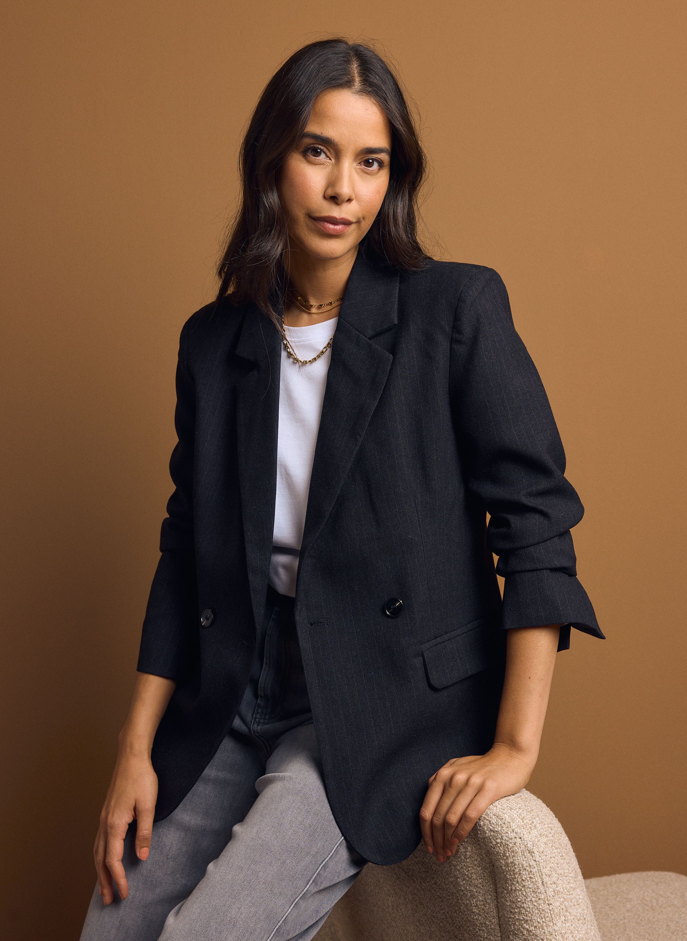 Norah Donkergrijze blazer met krijtstreep dark grey melange 219590-066