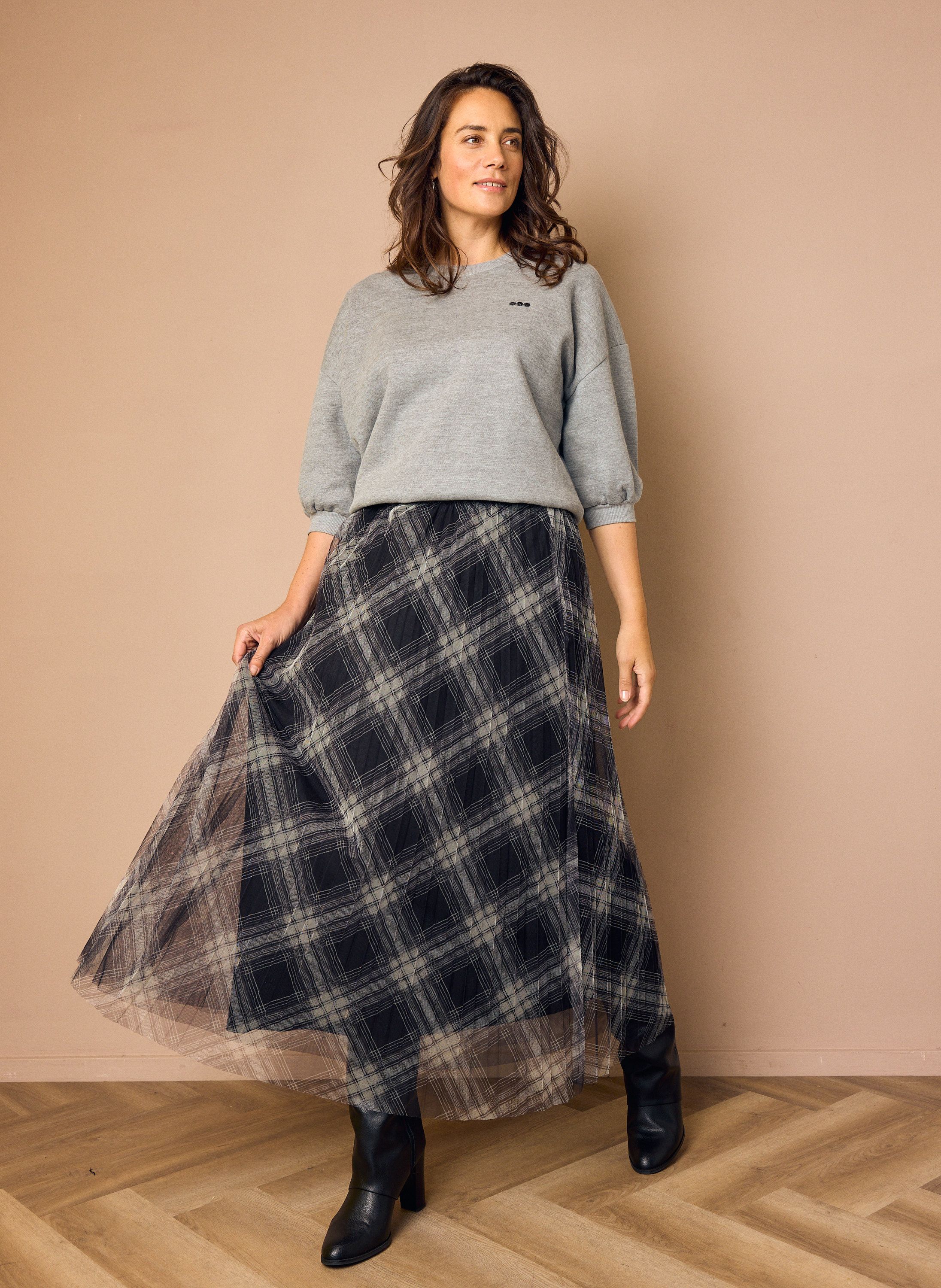 Norah Blauw/grijs geruite midi rok black/grey 219682-040