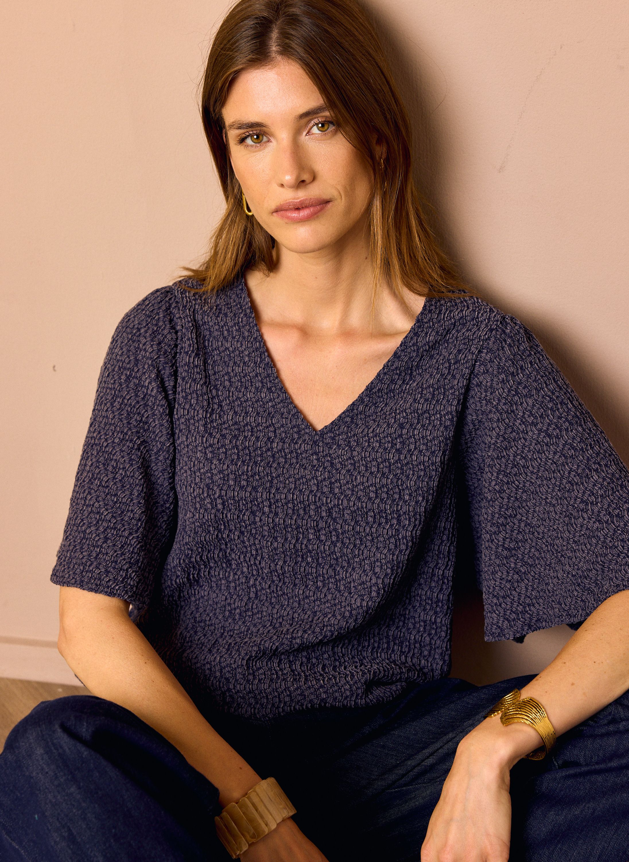 Norah Donkerblauw shirt met structuur denim blue 219687-472