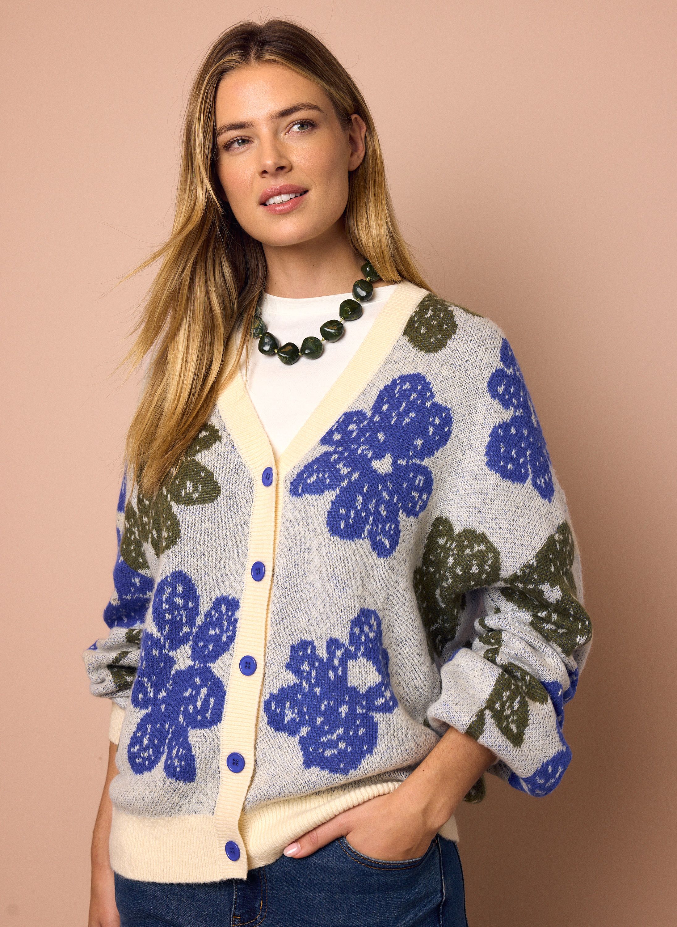 Norah Ecru vest met gekleurde bloemen blue/green 219784-435