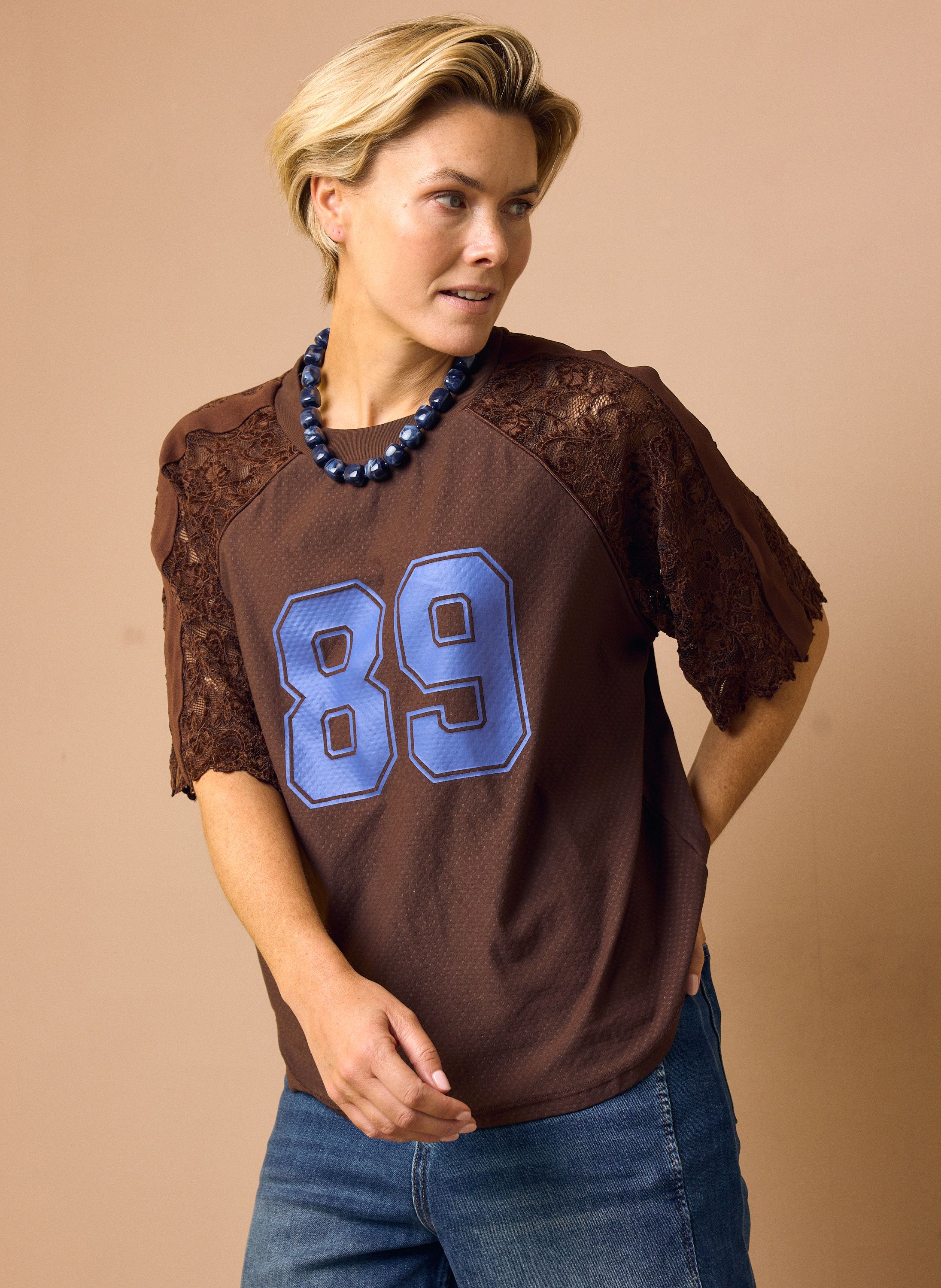 Norah Bruin shirt met kanten mouwen brown/blue 219841-234