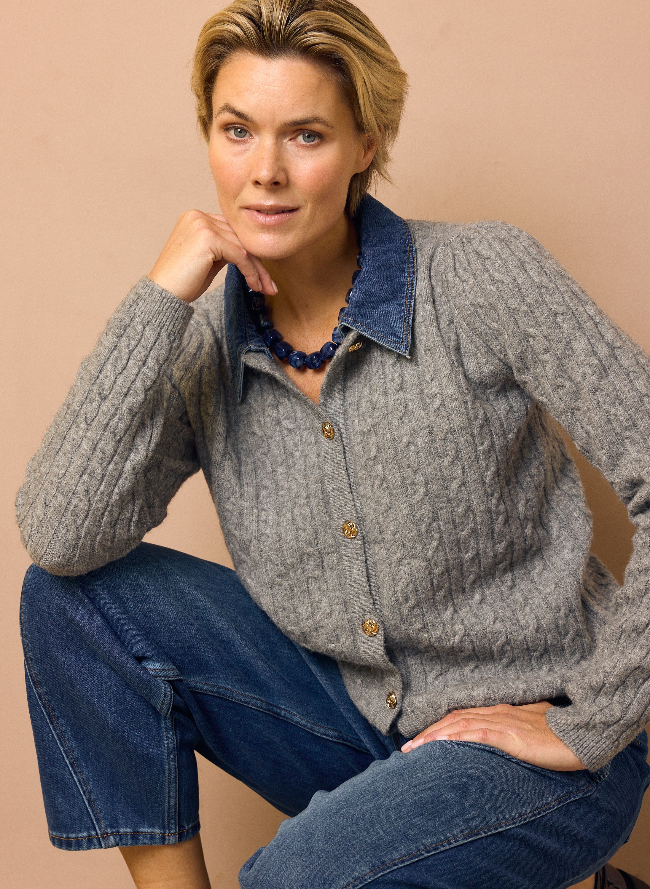 Norah Grijs vest met denim kraag grey 219867-045
