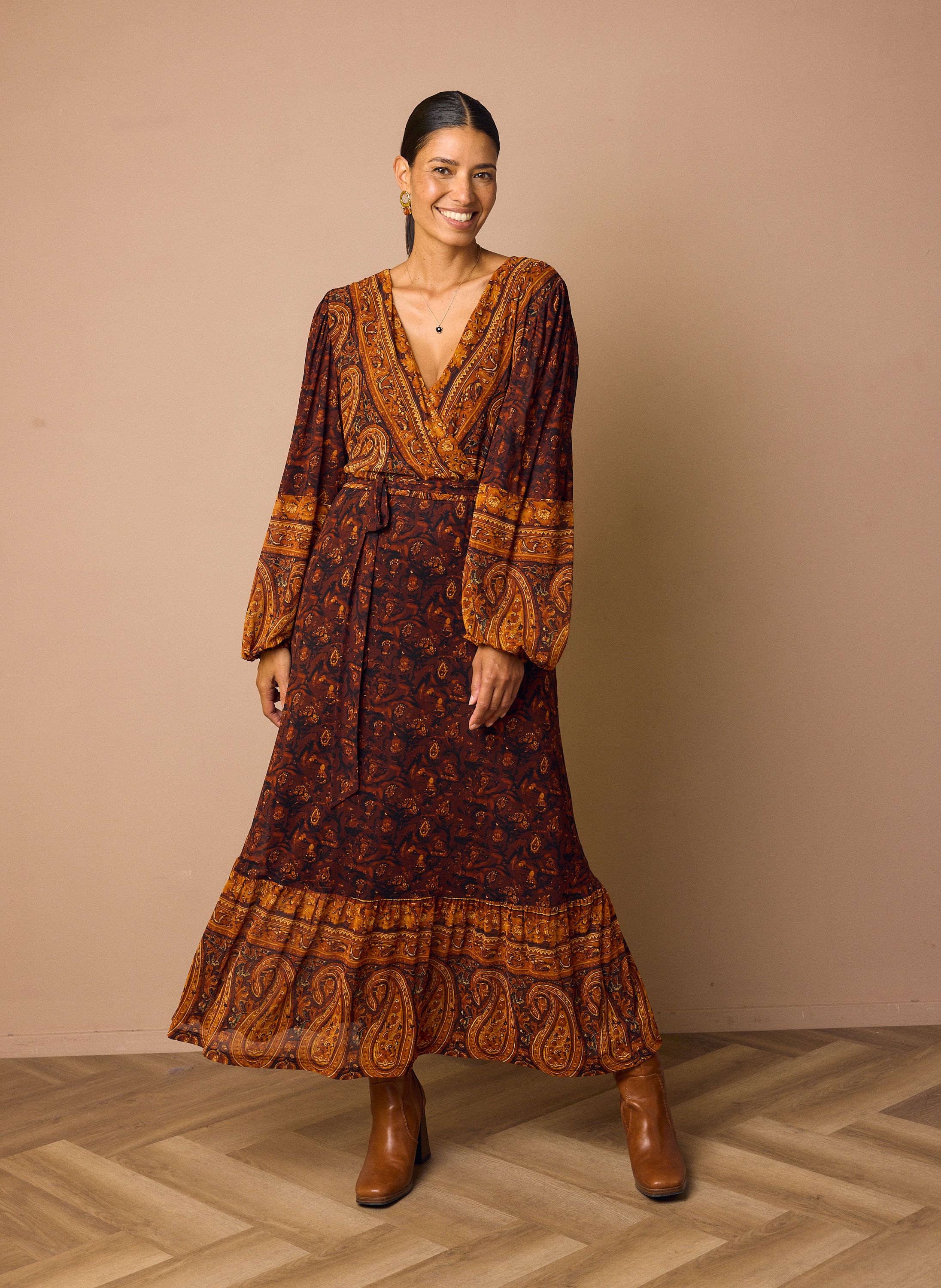 Norah Bruin/oranje maxi jurk met grafische print brown/orange 219880-237