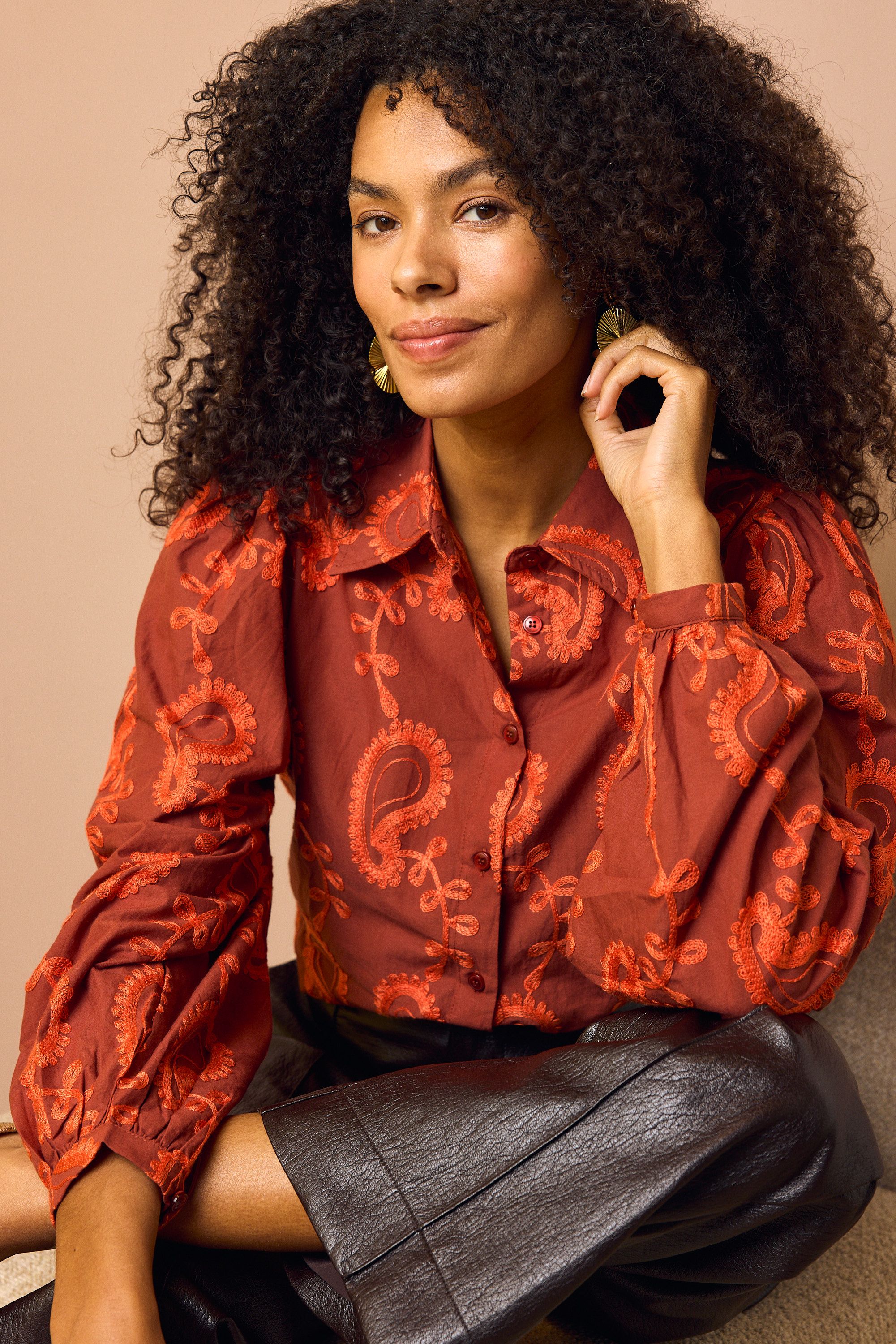 Norah Bruin/oranje blouse met borduursels null 219945-237