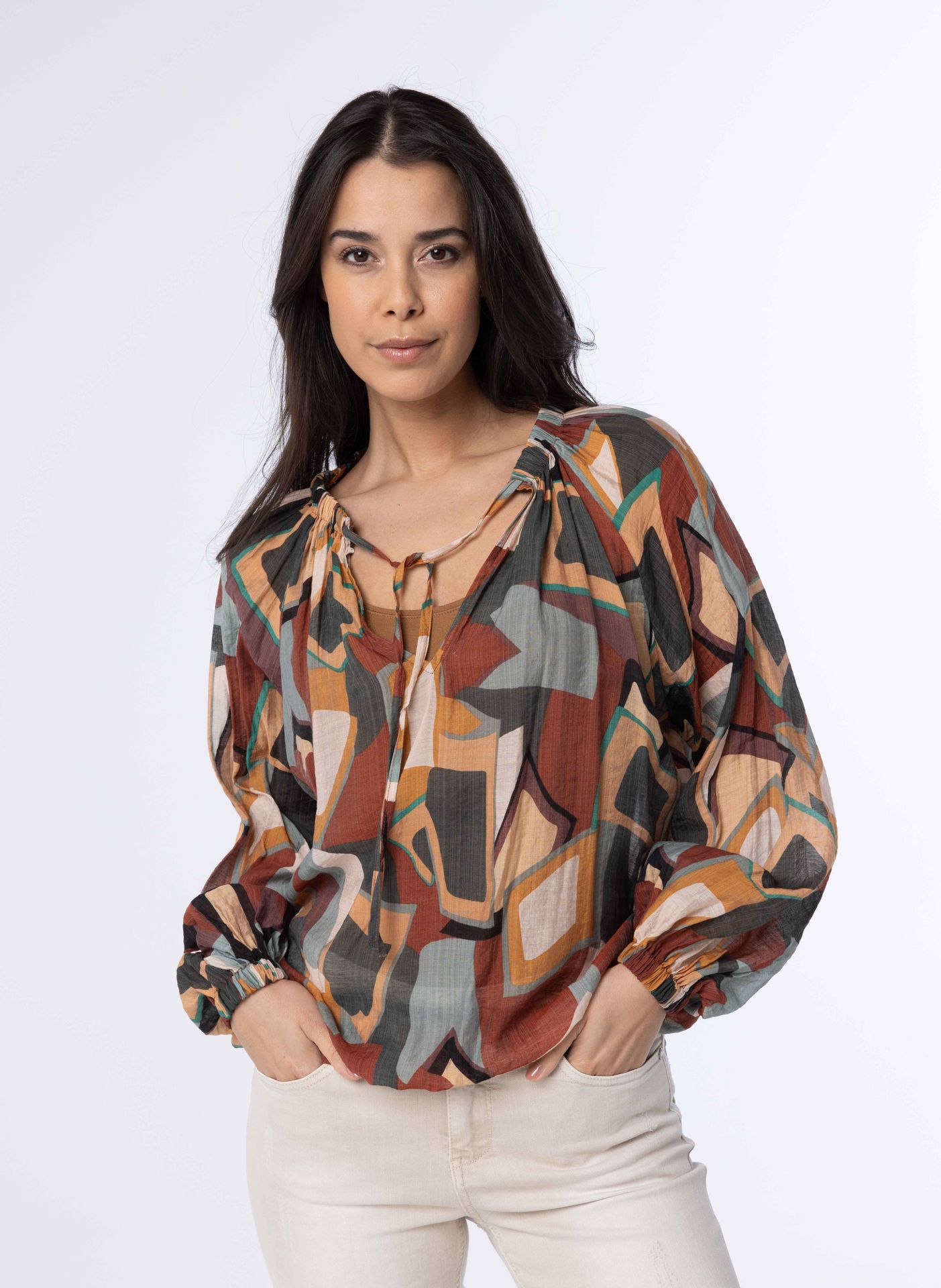 Norah Meerkleurige blouse met pofmouwen brown multicolor 213512-220